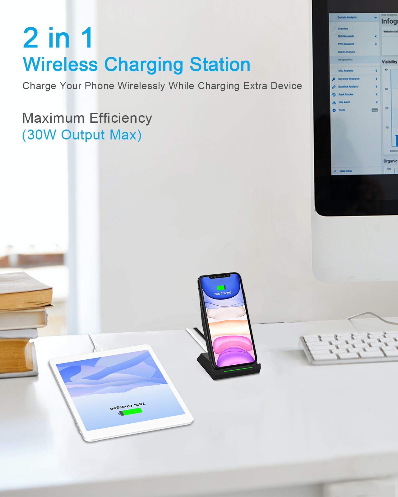 NANAMI 30W USB-C Wireless Charger Stand - 15W Max Fast Qi Charging Pad for Samsung Galaxy S25/S24/S23 Ultra/S22/S21/S20/S10 & iPhone 16/15/14/13/12/11/X/8 - 2-in-1 Cordless Charging Station for Home, Office, Nightstand, Travel