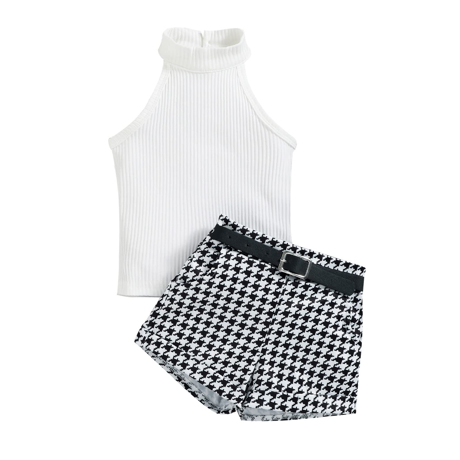 Summer Toddler Girls Outfit Set - Sleeveless Ribbed Vest & Plaid Shorts with Belt | Cute Summer Clothes for Toddlers | Perfect for Playdates, Beach Trips & Outdoor Activities