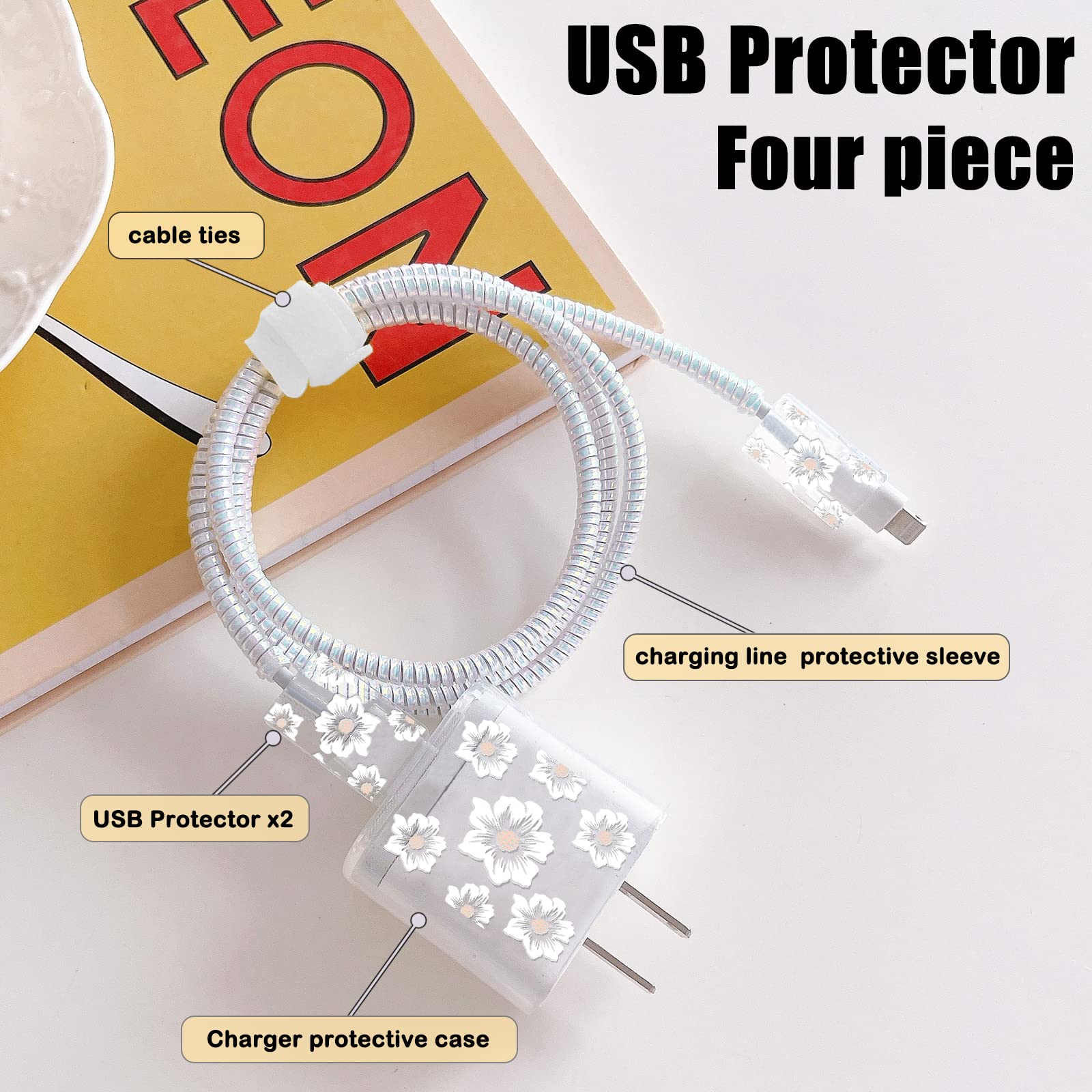 Elegant White Camellia Flower Cable Protector for iPhone Charger - DIY Cord Organizer for iPhone X/11/12/13/Pro Max - USB Charger & Earphone Wire Saver (Perfect for Home, Office & Travel Use)