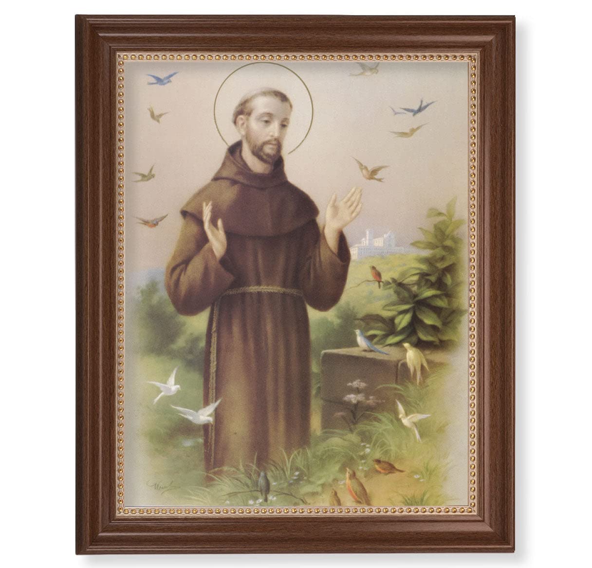 St. Francis Framed Wall Art - Extra Large Classic Dark Walnut Finish with Gold Beaded Edge - Religious Home Decor for Living Room, Bedroom & Office