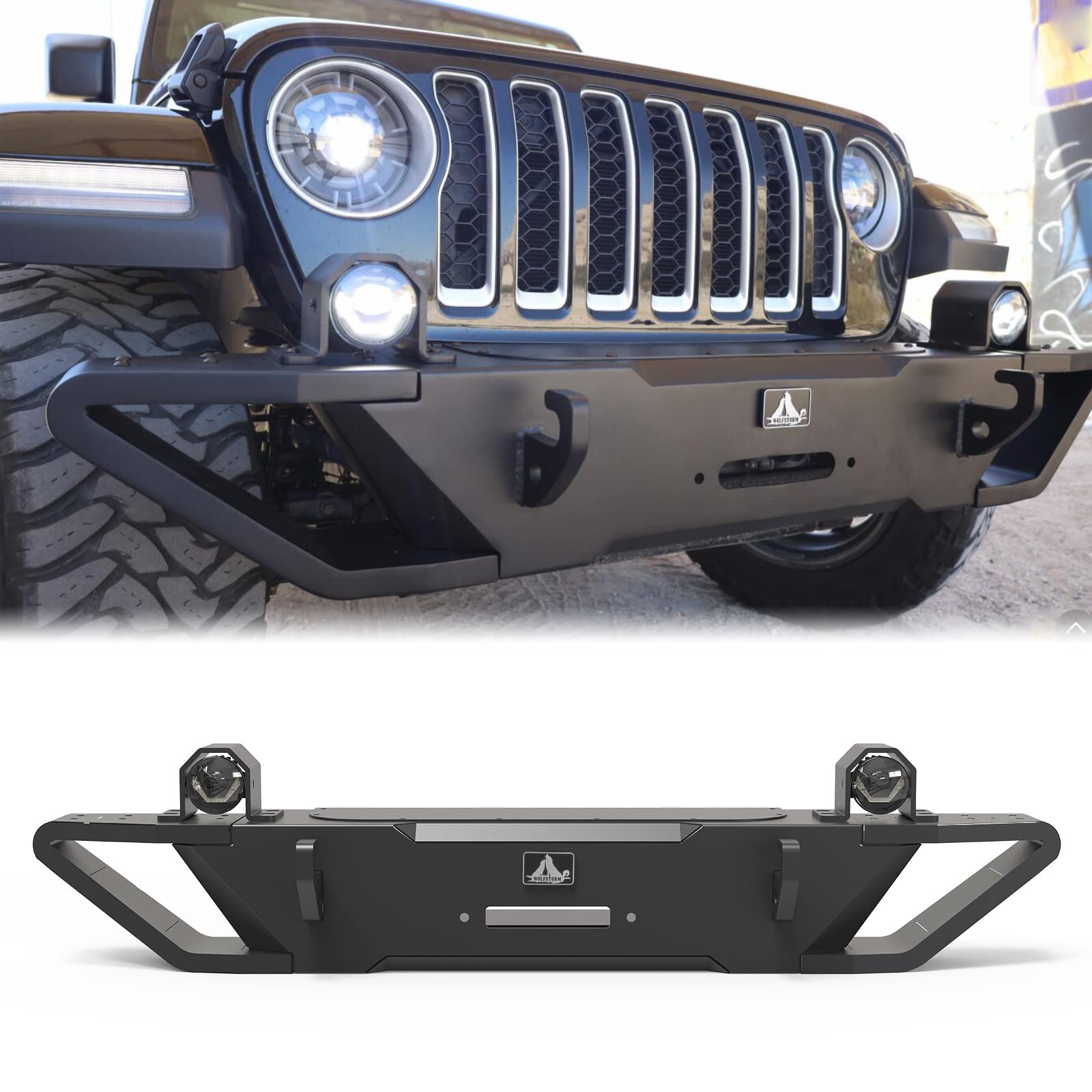 WOLFSTORM Front Bumper Replacement for 2018-2023 Jeep Wrangler JL/JLU & 2019-2023 Gladiator JT - LED Fog Light Design, Heavy Duty Off-Road Bumper for Jeep Pickup Accessories | Perfect for Off-Roading, Rock Crawling & Adventure Trips