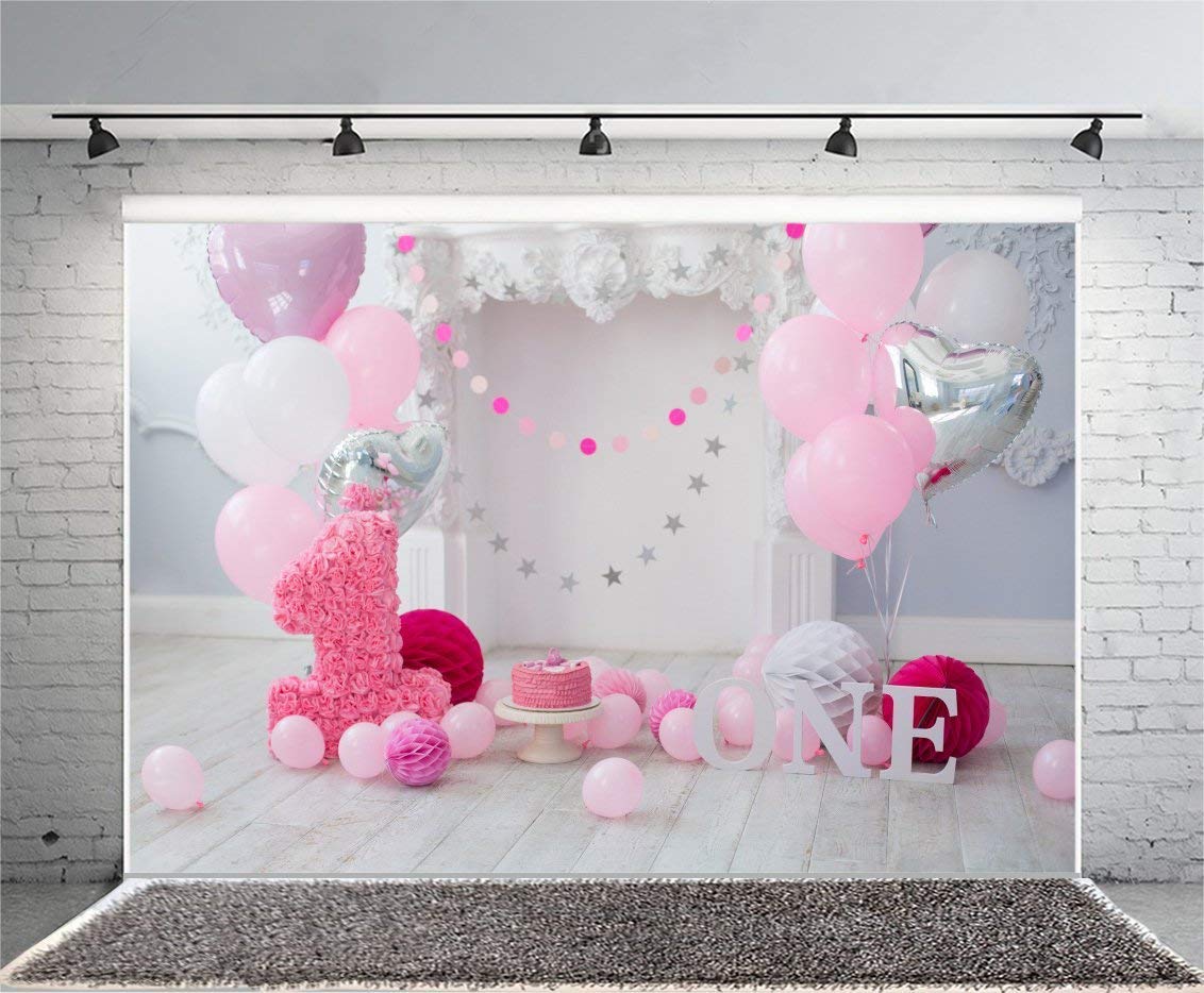 Leowefowa 7x5ft Pink Balloons & Paper Flowers Backdrop for Baby Girl's 1st Birthday Party - Photography Background, Cake Smash Photo Studio Props - Perfect for First Year Celebrations, Birthday Decorations & Photo Shoots
