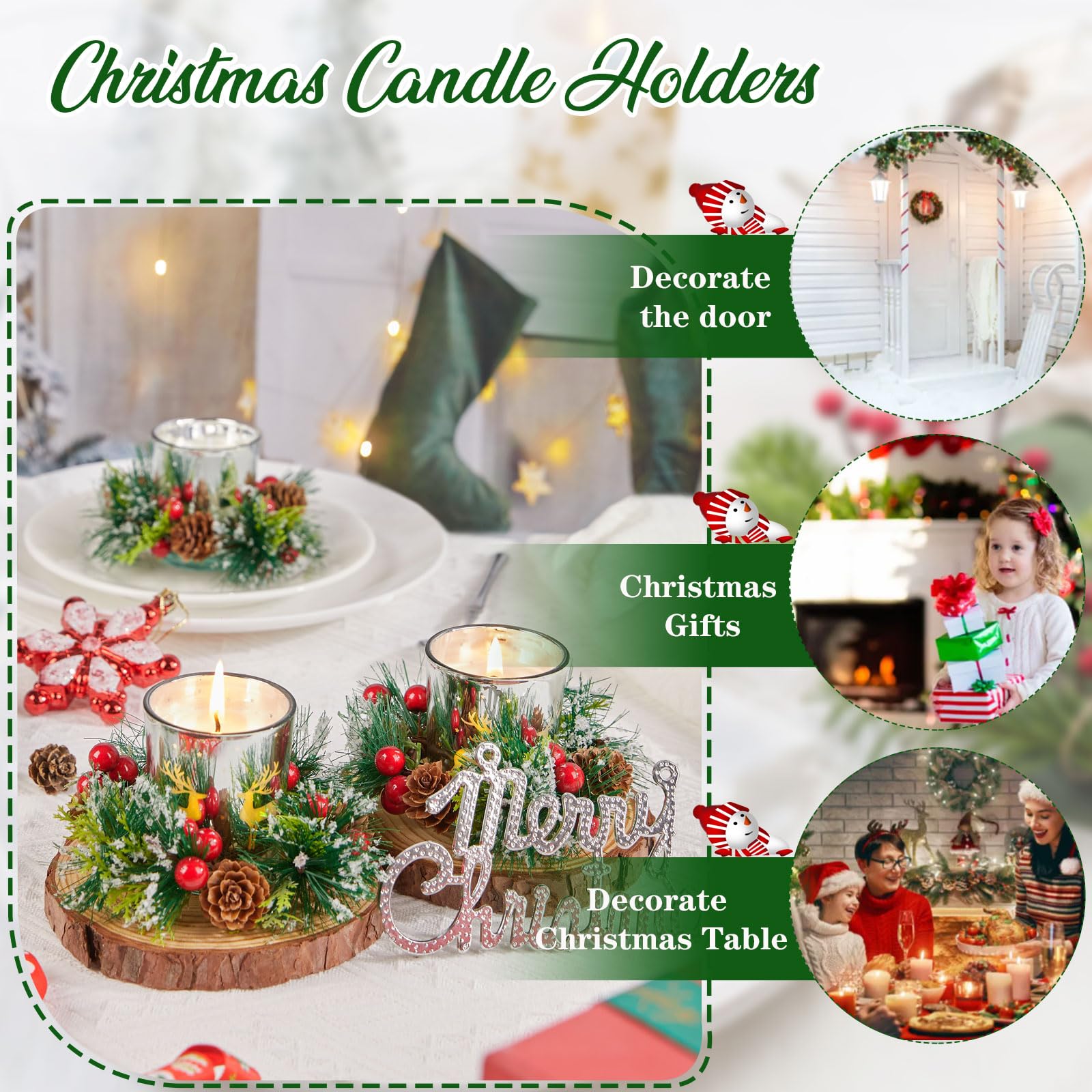 Christmas Candle Holders Rings Wreath Set - 4 Piece Red Berry Pinecone Elk Glass Candle Rings for Holiday Table Decor, Centerpiece, Fireplace Mantel & Christmas Party Decorations