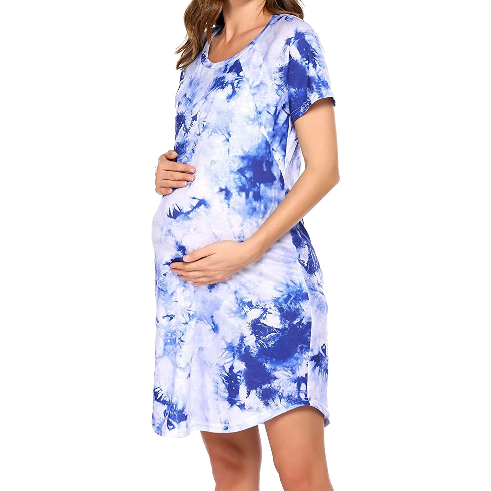 **Women's Casual Maternity Dress - Split Long Ruched Short Sleeve Bright Red Pregnancy Dress for Everyday Wear & Special Occasions**