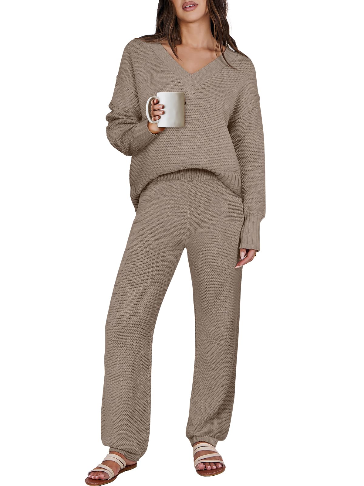 Prinbara Women's 2 Piece Oversized Knit Sweater Set - Trendy Lounge Wear Matching Sweatsuit for Casual Outfits & Cozy Home Wear