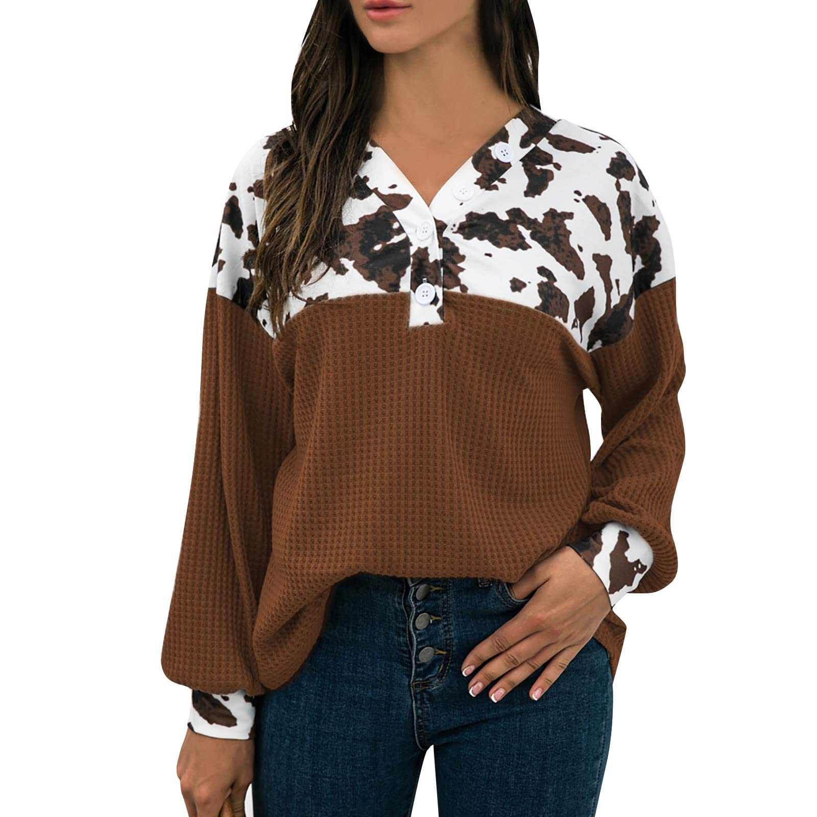 Leopard Print Button Stitch Long Sleeve Blouse for Women - Fashion Casual Tops for Work, Date Night & Everyday Wear