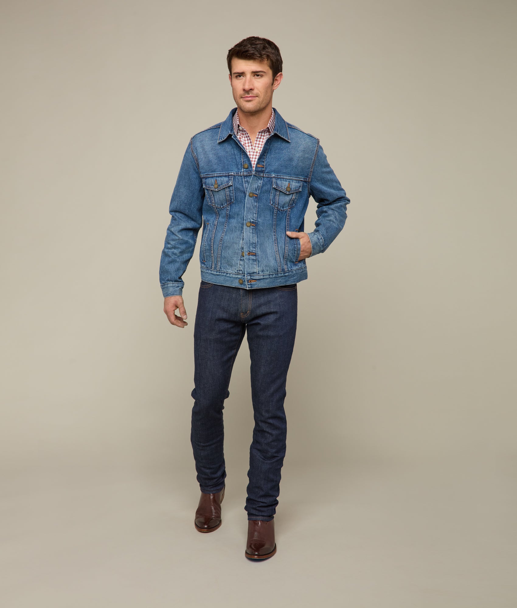 Earl Denim Trucker Jacket for Men - Vintage Saddleback Blue Denim Jacket, Classic Fit, Distressed Wash | Perfect for Casual Outfits, Streetwear, and Layering in Fall & Spring