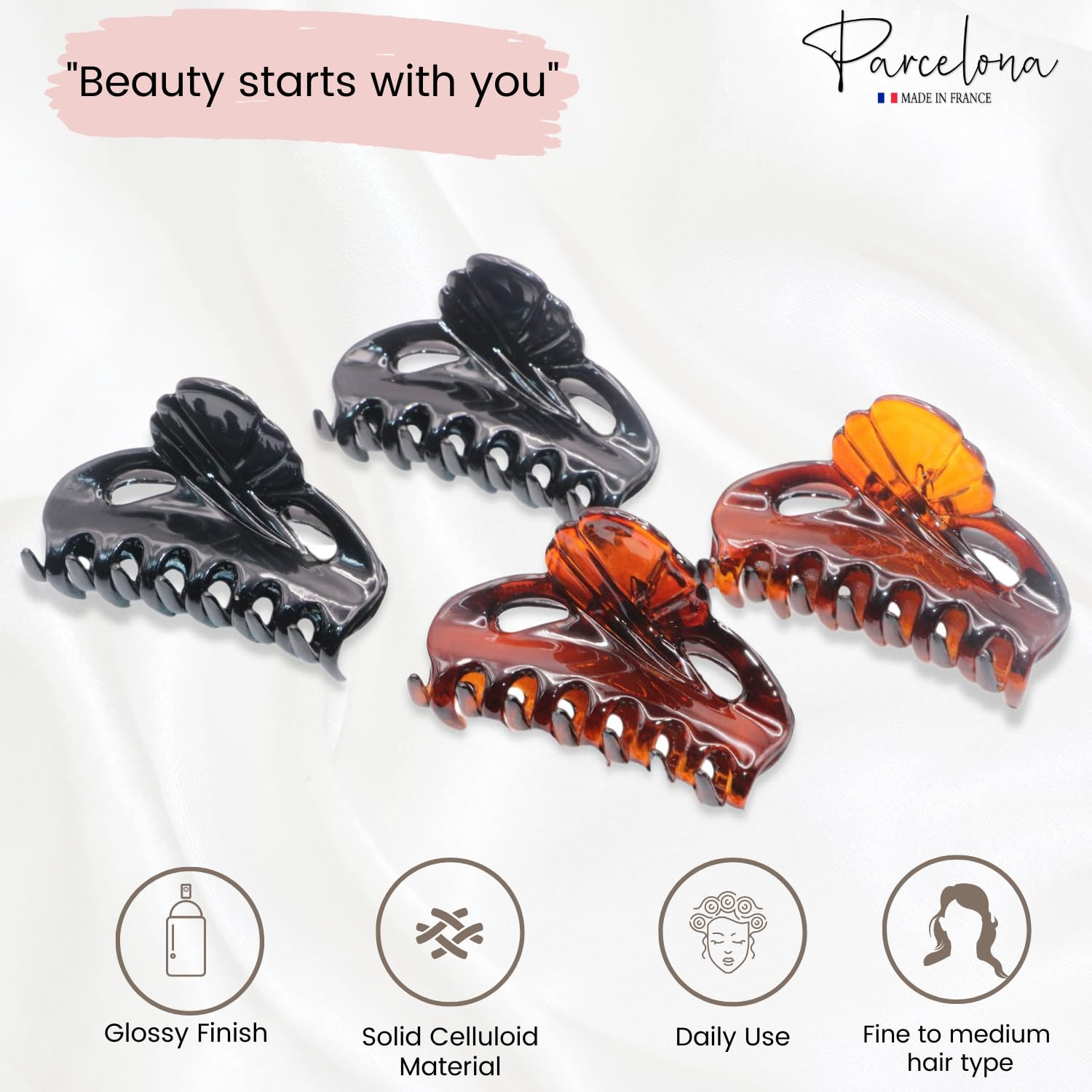 French Poppy Tortoise Hair Clips - Set of 4 for Women & Girls - Perfect for Updos & Ponytails