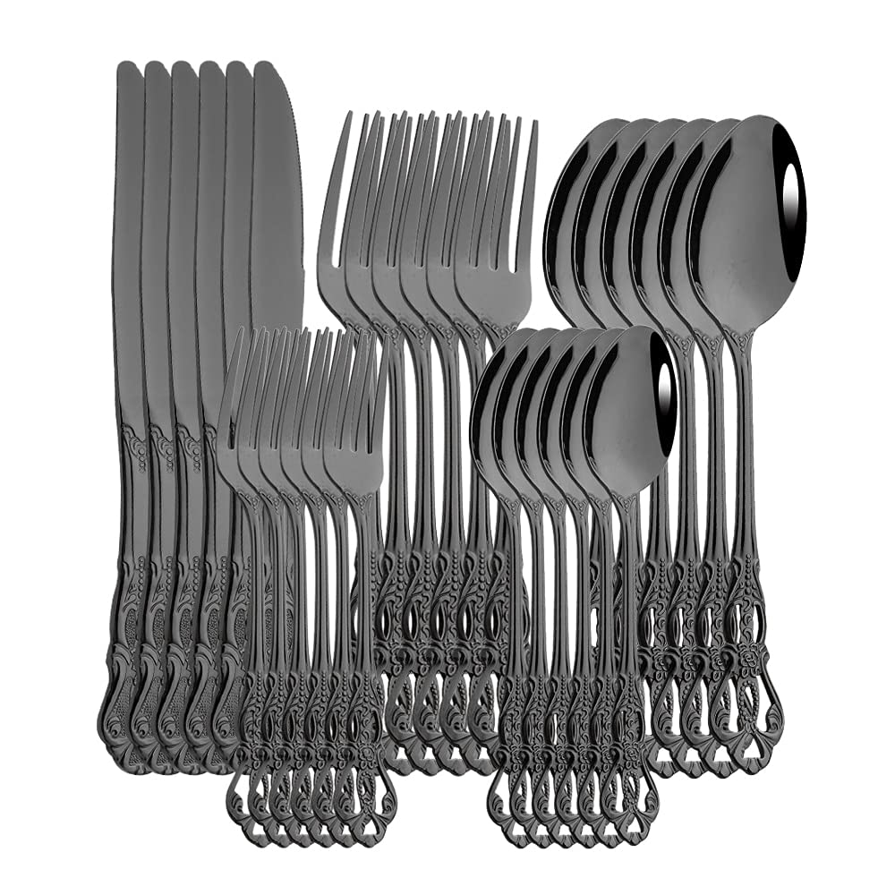30-Piece Stainless Steel Silverware Set - Knife, Fork & Spoon Cutlery for Home, Kitchen & Dining | Durable Flatware for Everyday Use, Parties & Restaurants | BY ZZYY (Black)