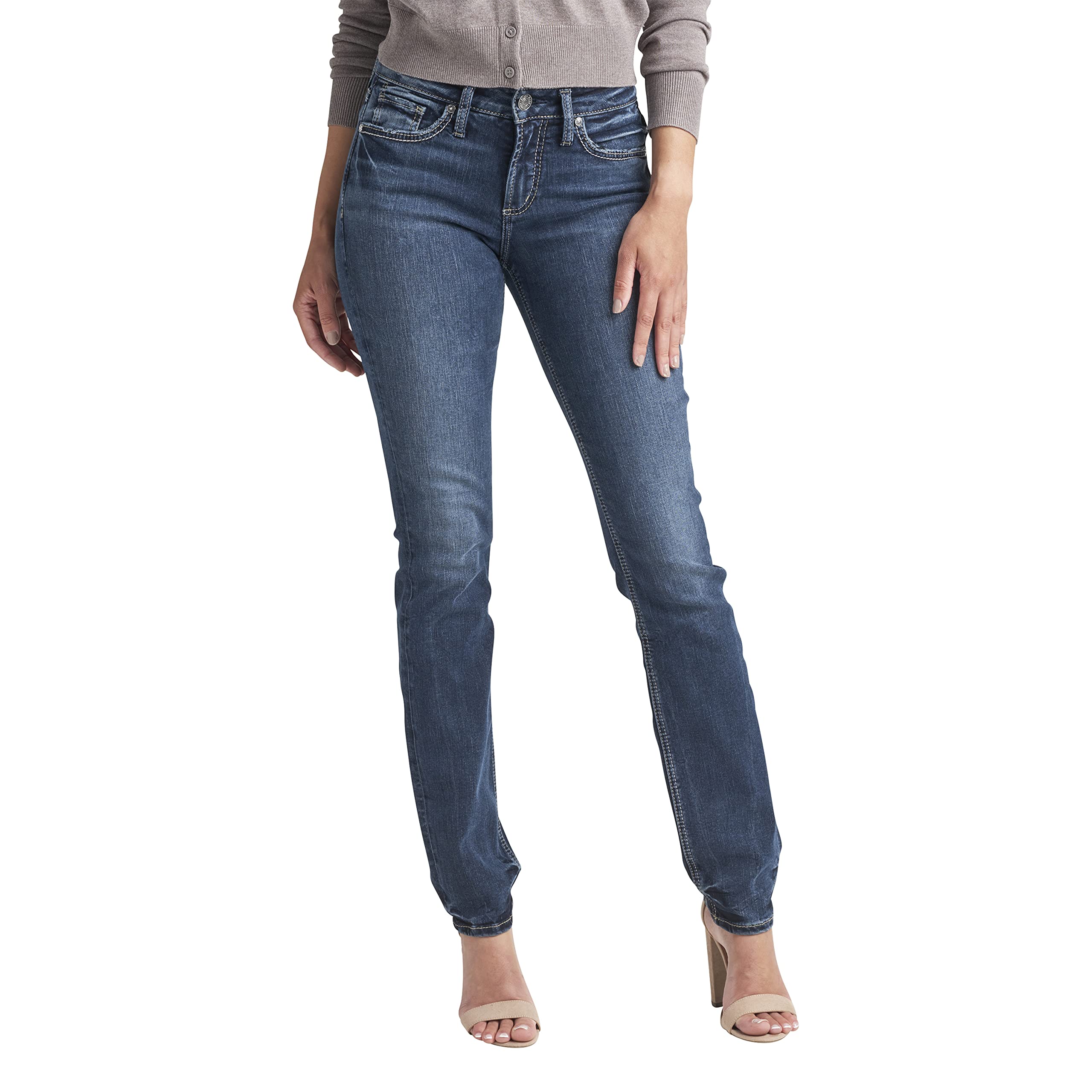 Silver Jeans Co. Women's Suki Mid Rise Straight Leg Jeans - Comfortable Stretch Denim Pants for Casual Wear & Everyday Outfits