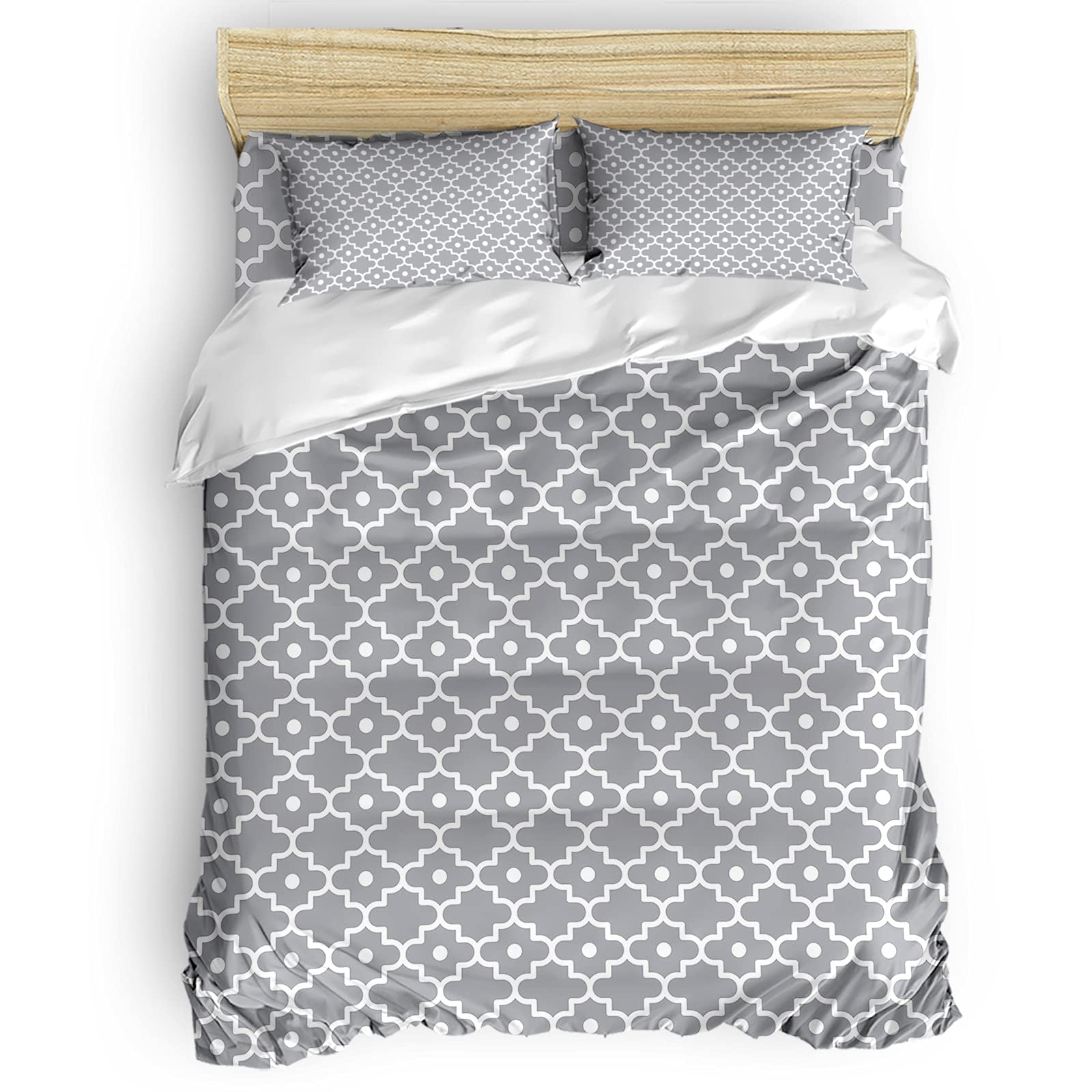 Funy Decor Moroccan Geometric Trellis Duvet Cover Set - 4 Piece Vintage Grey Bedding Set with Comforter Cover, Fitted Sheet & Pillowcases (Twin Size) | Boho Chic Bedroom Decor for Guest Rooms, Dorms & Apartments