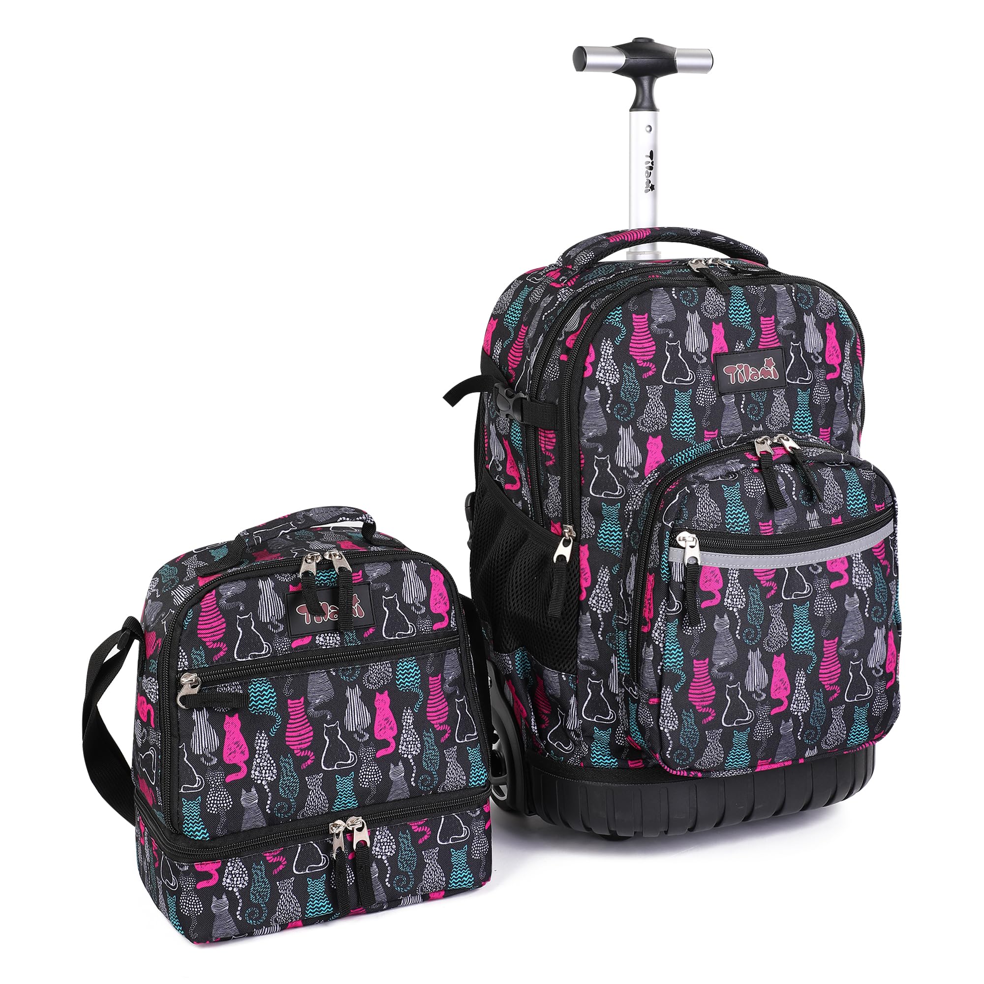 Tilami 19 Inch Rolling Backpack with Lunchbox - Wheeled Laptop Backpack for School & Travel - Durable Cat Black Design for Students & Professionals
