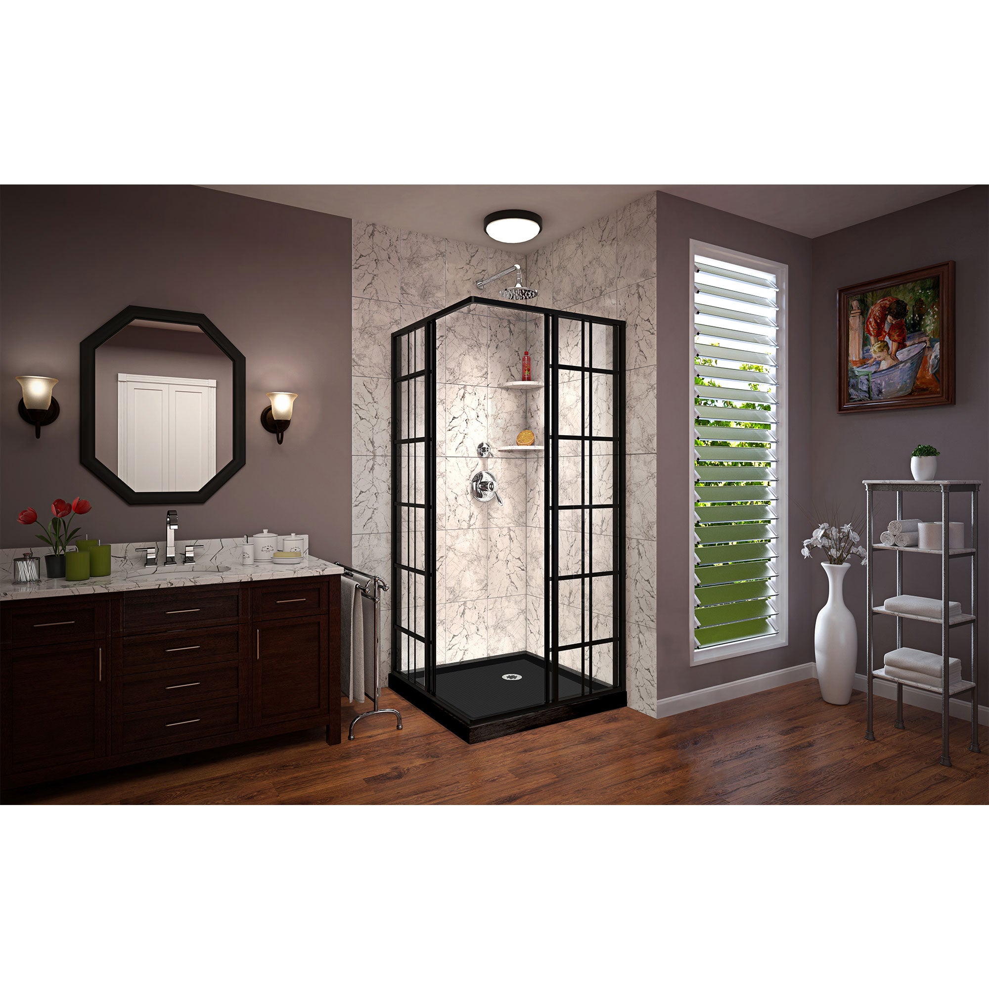 DreamLine French Corner 42x42x74.75 Inch Framed Sliding Shower Enclosure Kit with Base - White Bathroom Shower Stall for Small Spaces, Corner Installation, Modern Home & Apartment Renovation