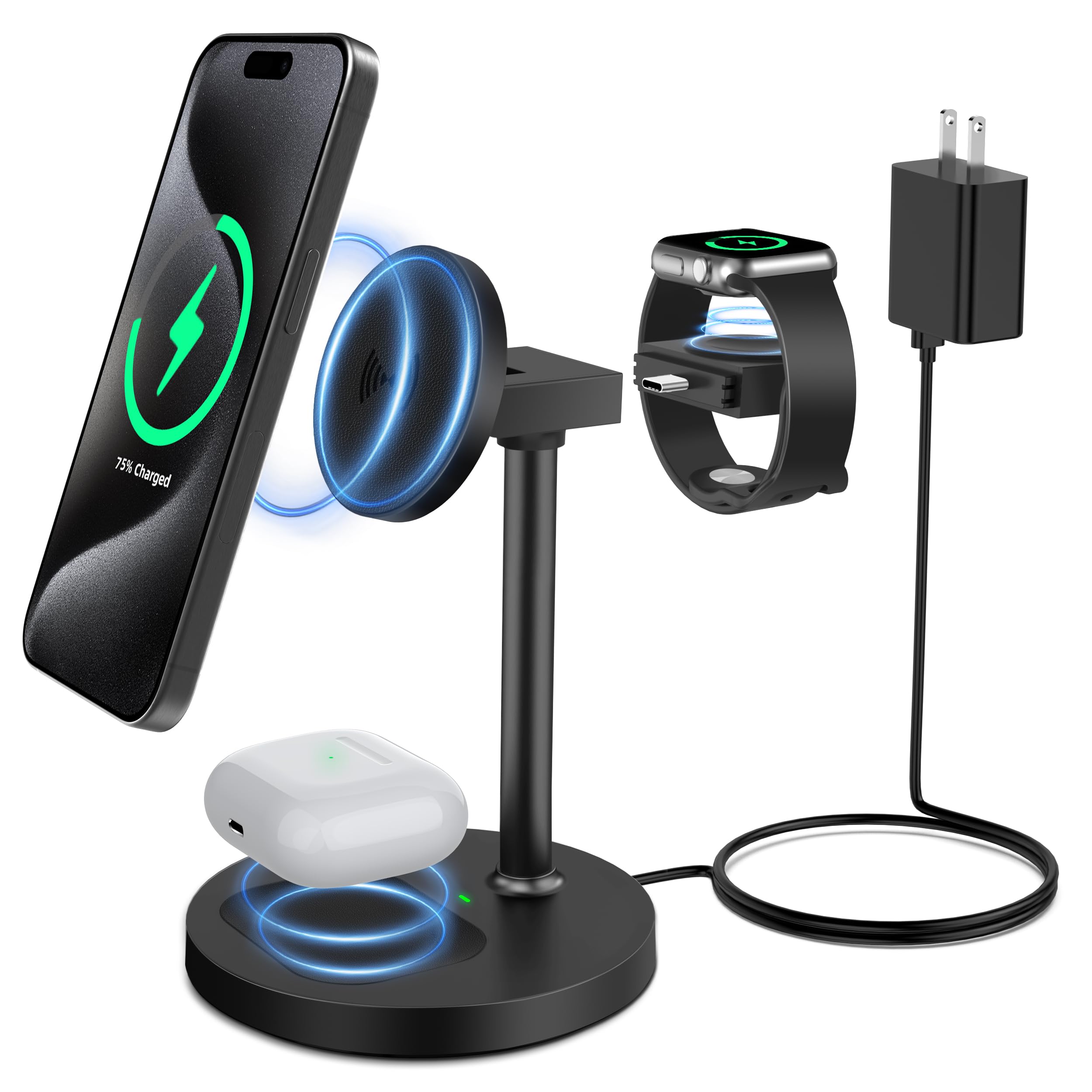 3-in-1 Magnetic Wireless Charger Stand for iPhone 16/15/14/13/12 Series | Fast Charging Station for Apple Watch & AirPods | Aluminum Alloy Base with Leather Pad (Black) - Perfect for Home, Office & Nightstand Charging