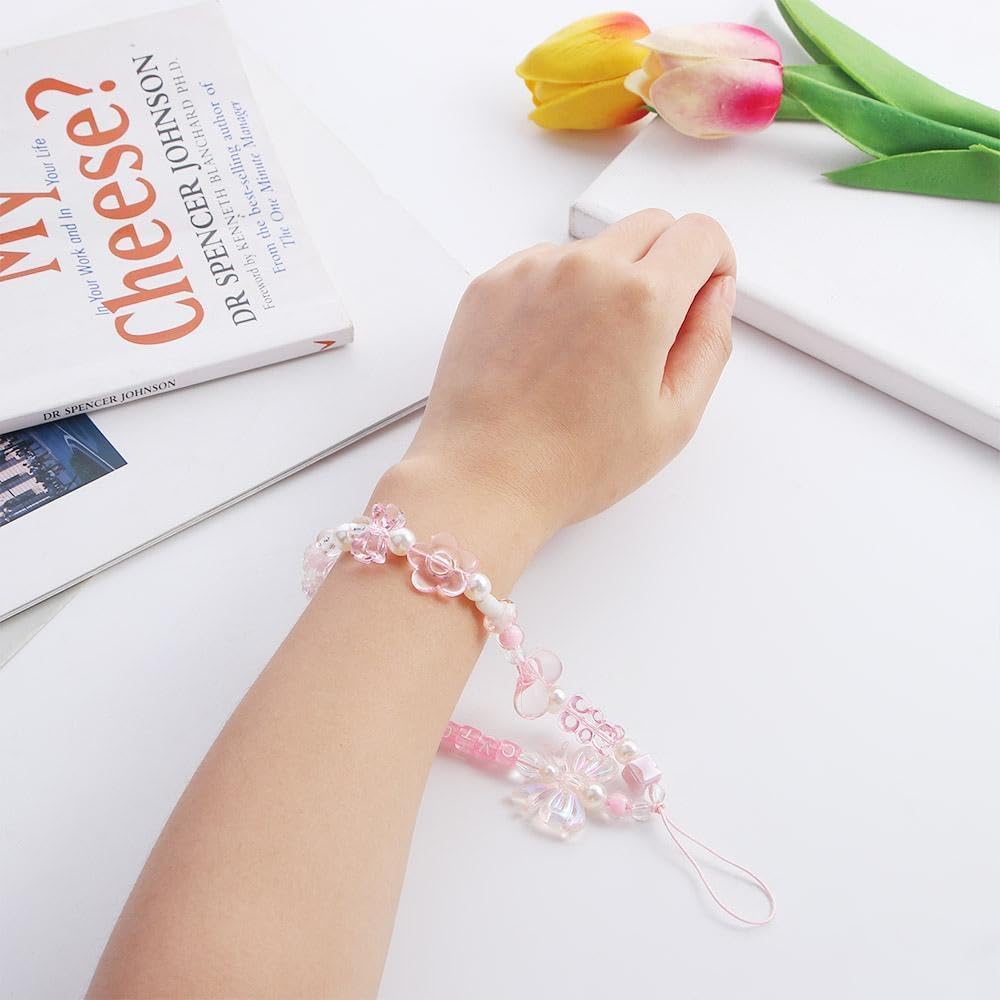 Pink Acrylic Beaded Anti-Lost Phone Strap with Wrist Lanyard - Cute Phone Accessories for iPhone Samsung Android - Perfect for Work, Gym, Travel & Daily Use