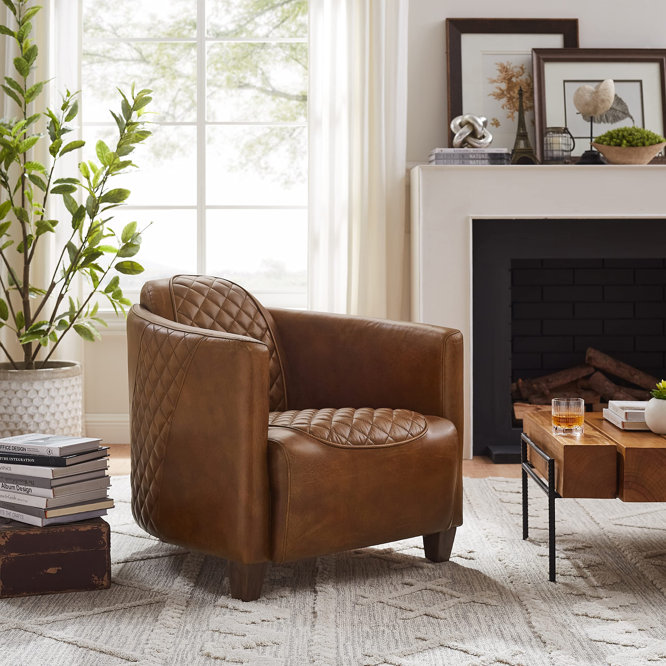 Zouron Genuine Leather Mid-Century Modern Accent Chair - Barrel Style Upholstered Living Room Sofa with Wooden Legs - Single Seater for Bedroom, Home Office & Lounge Areas - Cognac Brown (1 Piece) - Perfect for Reading Nooks, Cozy Corners & Contemporary Decor