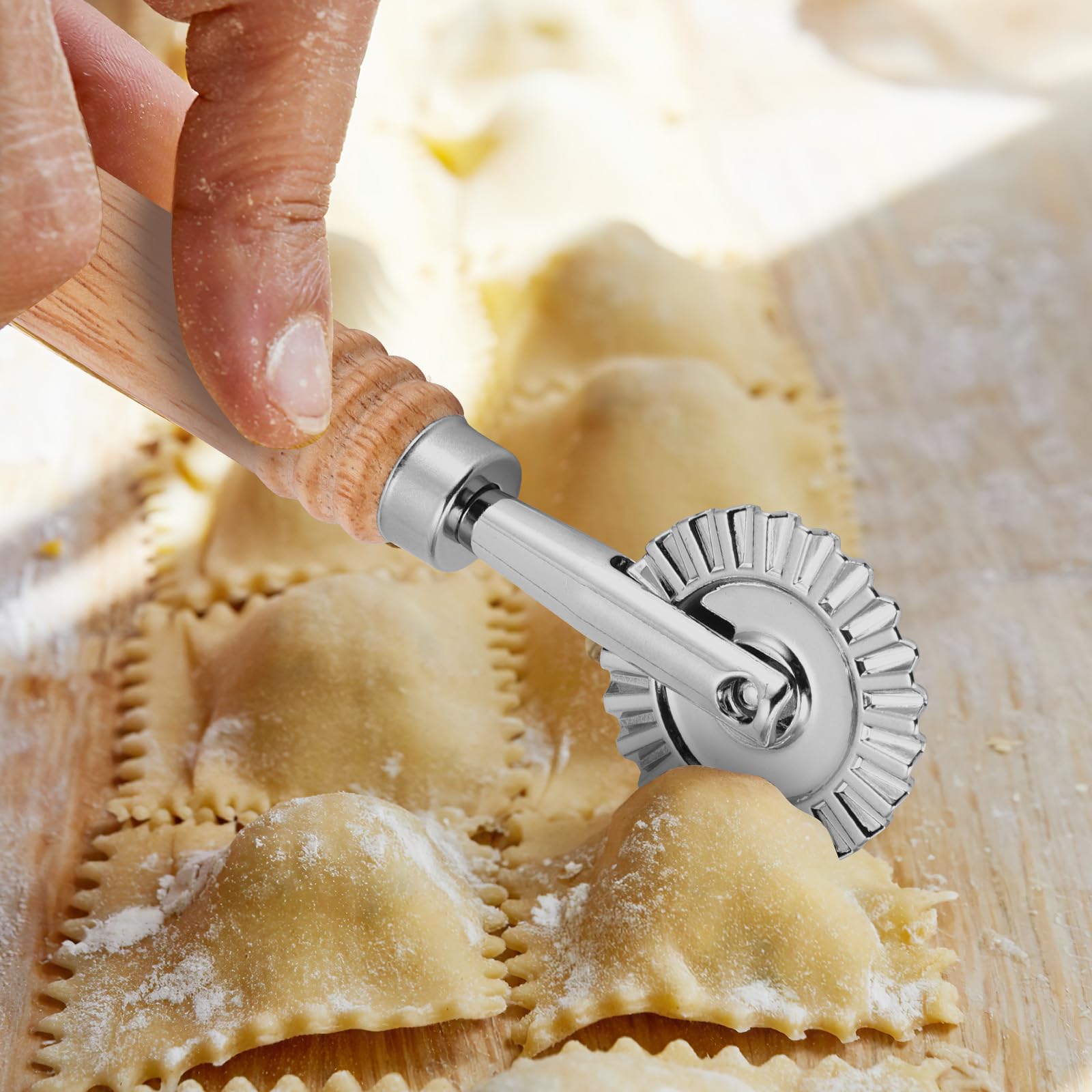 SHANGSKY Pastry Cutter Wheel with Long Wooden Handle - Stainless Steel Ravioli & Pasta Cutter for Dumplings, Noodles, Cookies & Pie Dough - Professional Kitchen Dough Cutting Tool for Baking & Cooking