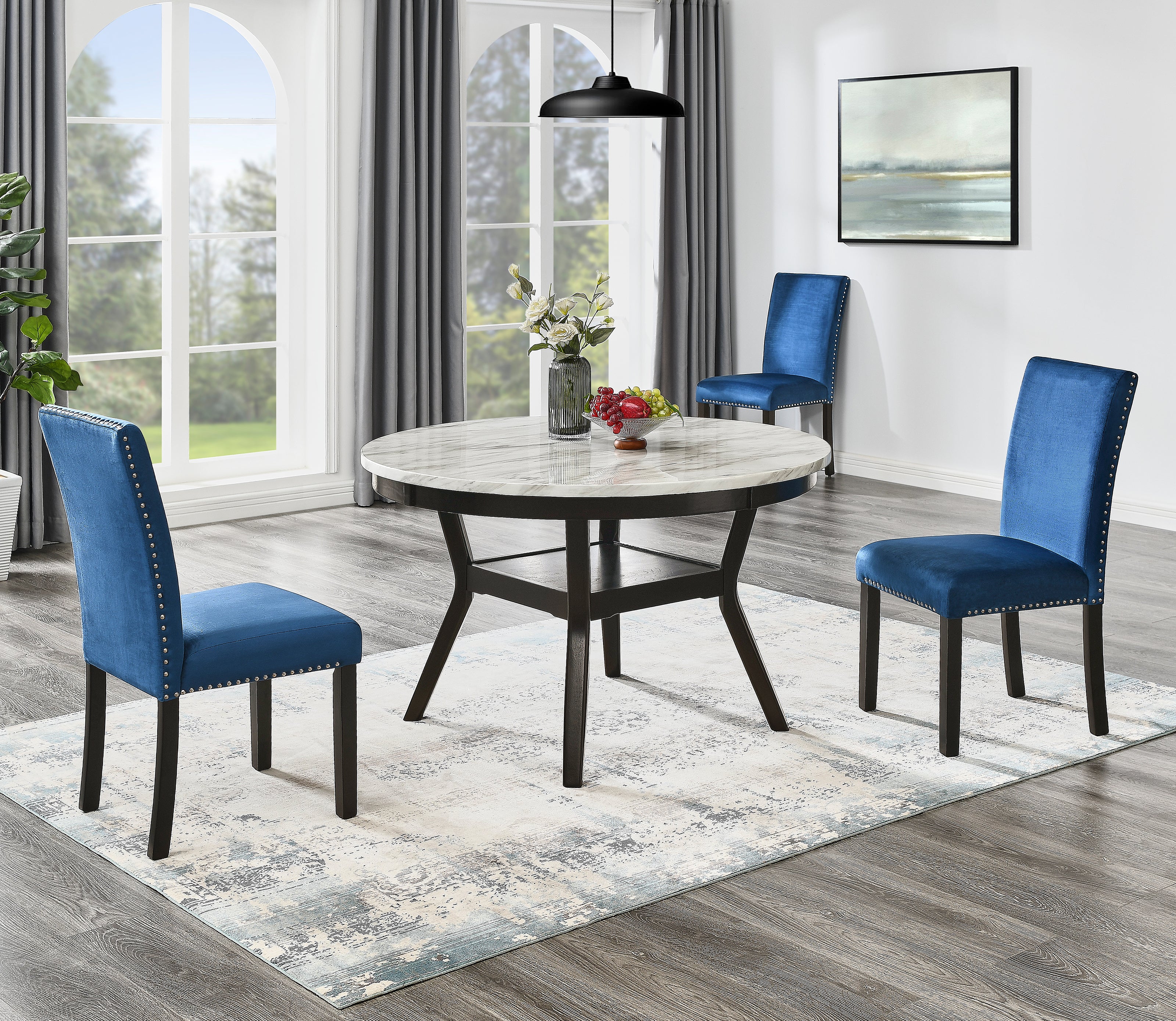 Roundhill Furniture 5-Piece Mella Dining Set - Round Faux Marble Table with 4 Velvet Parsons Chairs, Dark Espresso Finish - Perfect for Small Spaces, Breakfast Nooks & Modern Apartments