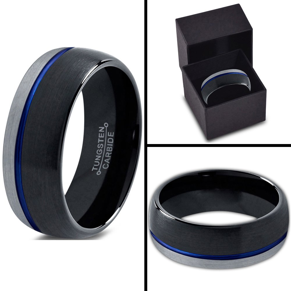10mm Tungsten Carbide Wedding Band Ring for Men & Women - Blue Black Offset Line, Dome Grey Exterior, Half Brushed Polished - Custom Engraving for Anniversary & Engagement - Perfect for Weddings, Proposals & Special Occasions