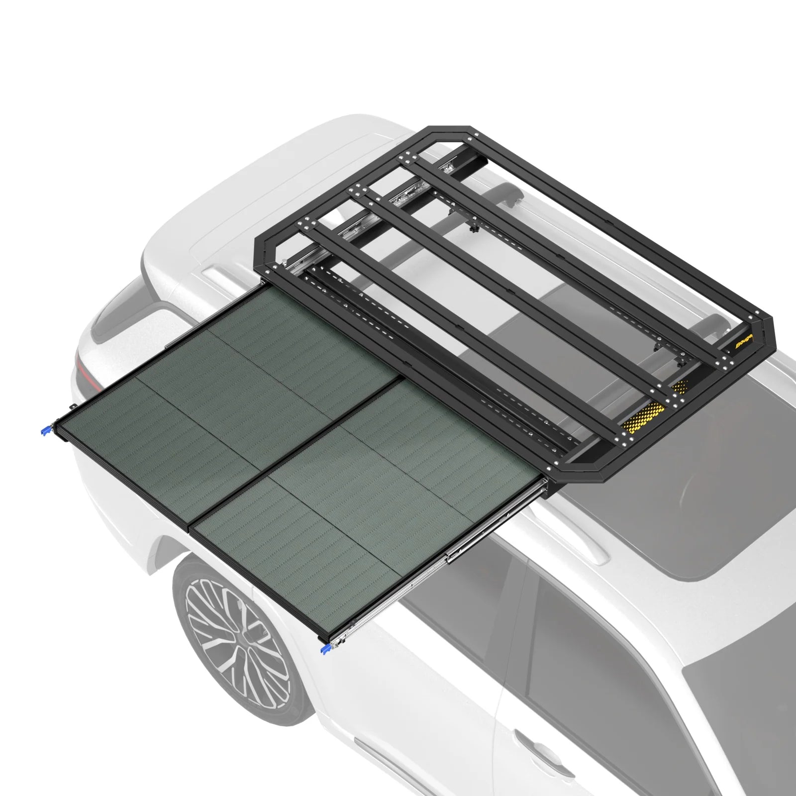 BougeRV Modular Roof Rack Platform with Slidable Solar Panel Bracket & 2x75W CIGS Solar Panels | Heavy-Duty Car Rack System for RV, Van, SUV, and Overlanding Adventures