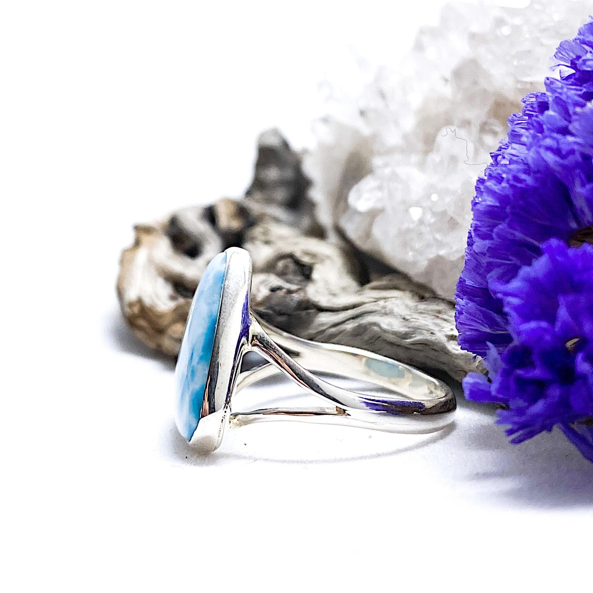 Larimar Teardrop Ring - Sterling Silver 925, Handmade Jewelry, Unique Gemstone Ring for Women - Perfect for Beach Weddings, Boho Fashion & Everyday Elegance
