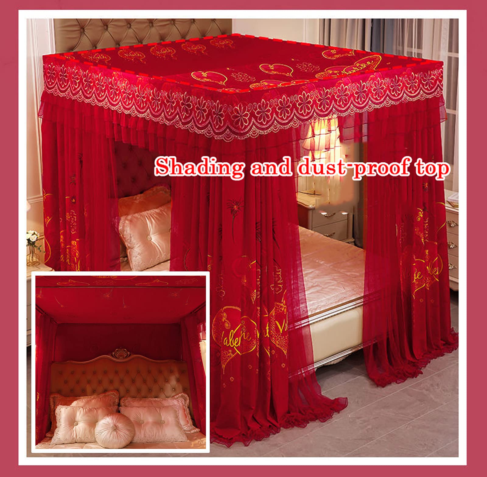 Pink Princess Double Layer Canopy Bed Lace Curtains with 4 Corner Mosquito Net - Elegant Bedspread for Double Bed (1.5x2m) - Perfect for Romantic Bedroom Decor & Mosquito Protection