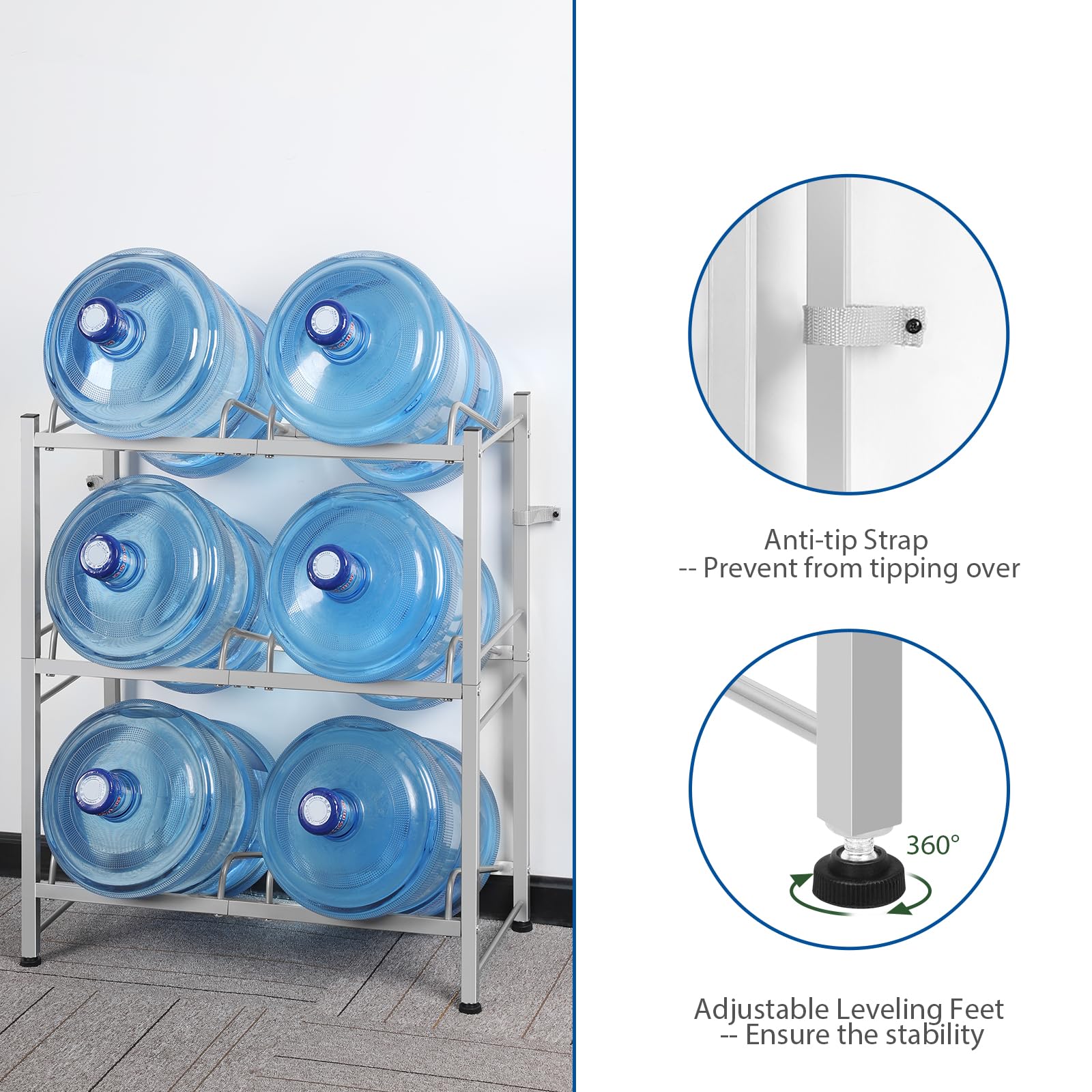 5 Gallon Water Jug Rack - Heavy Duty 3-Tier Storage Stand for Small Spaces & Room Corners - Holds 6 Bottles (Silver) - Perfect for Home & Office Hydration Stations