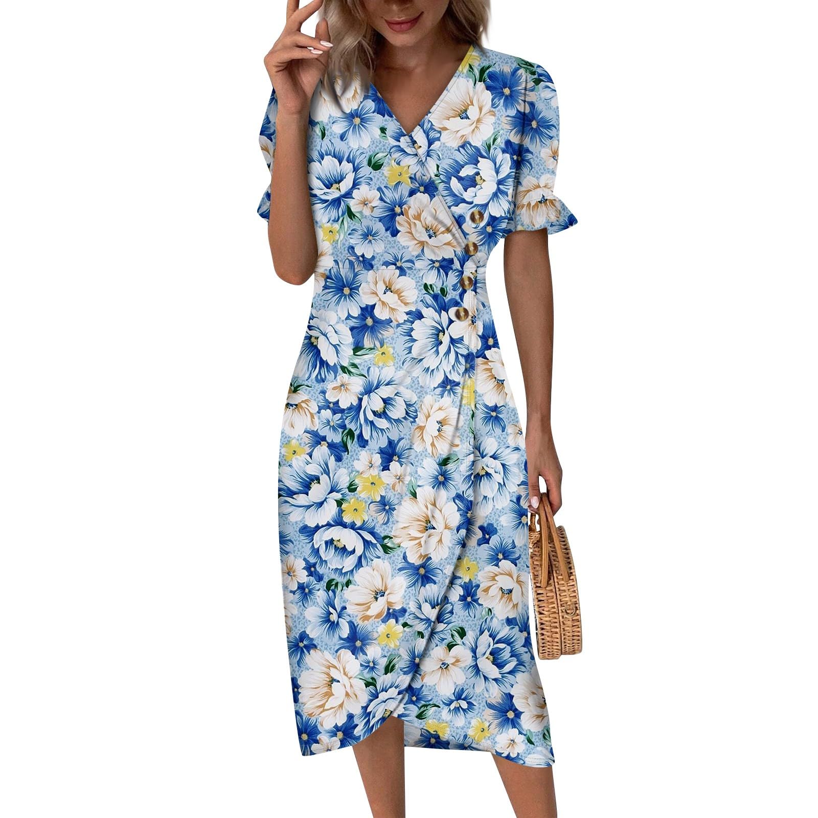 2024 Women's Short Sleeve Ruffle Hem V-Neck Printed Flowy Dress - Elegant Boho Summer Dress for Beach, Party & Casual Wear | Fashionable & Comfortable