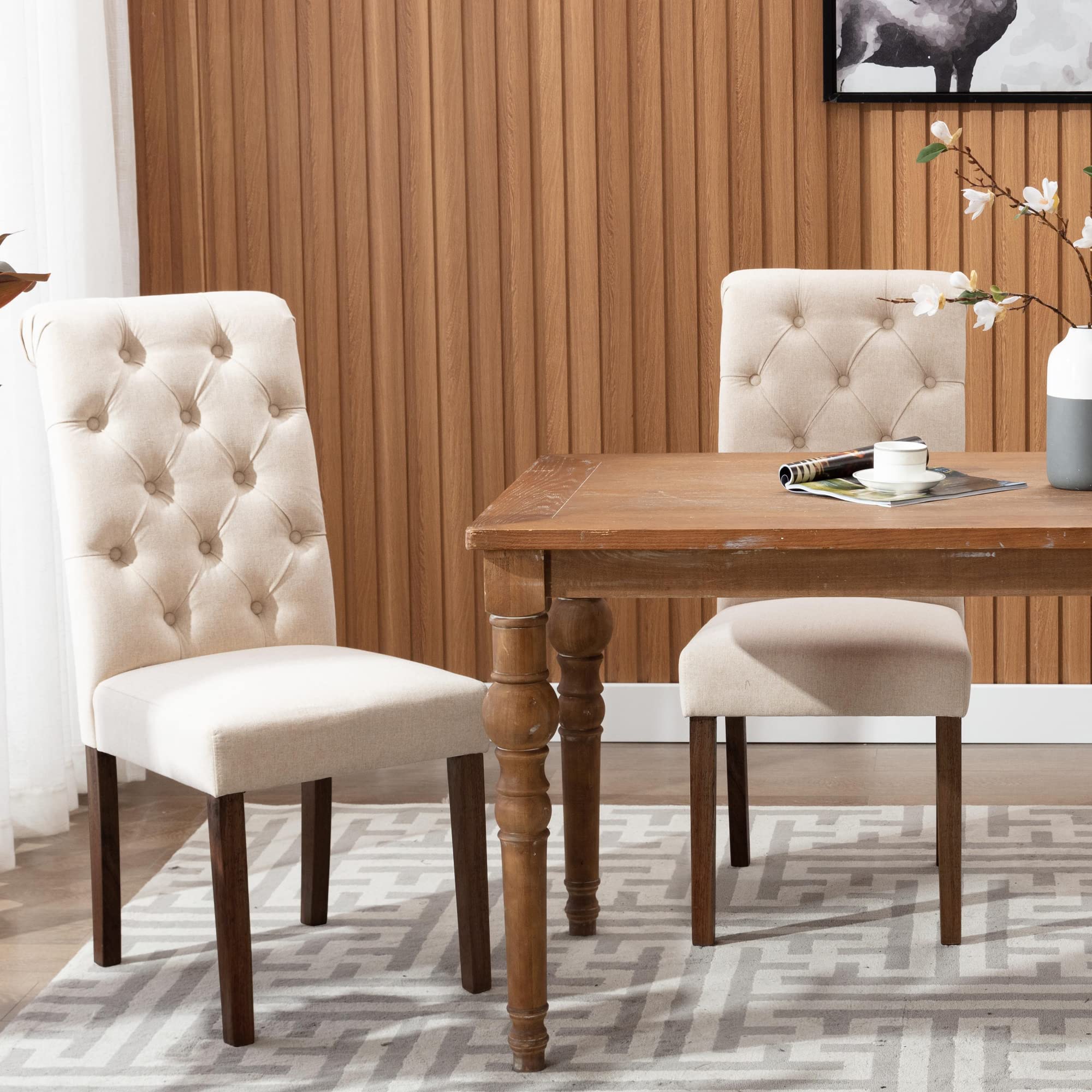 COLAMY Button Tufted Dining Chairs Set of 6 - Upholstered Fabric Parsons Chairs with Solid Wood Legs & Padded Seats for Dining Room & Kitchen - Dark Beige | Perfect for Family Dinners, Entertaining Guests & Stylish Home Decor