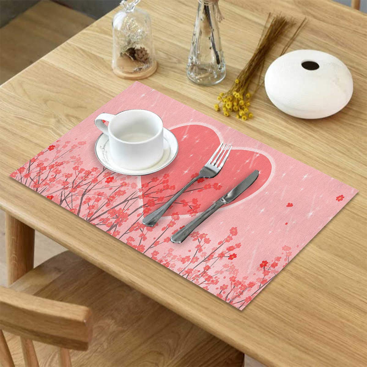 Xspring Valentine's Day Placemats Set of 4 - Heat Resistant Washable Burlap Table Mats for Dining Table, Round Table & Outdoor Patio - Big Love & Pink Sakura Design - Perfect for Romantic Dinners, Spring Gatherings & Outdoor Entertaining