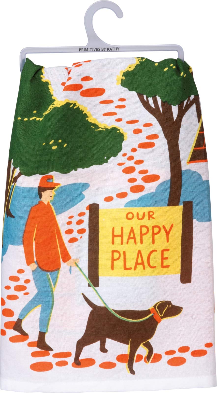 Primitives by Kathy 'Our Happy Place' Kitchen Dish Towel - Vintage Farmhouse Style Cotton Towel for Camping, Picnics & Outdoor Adventures