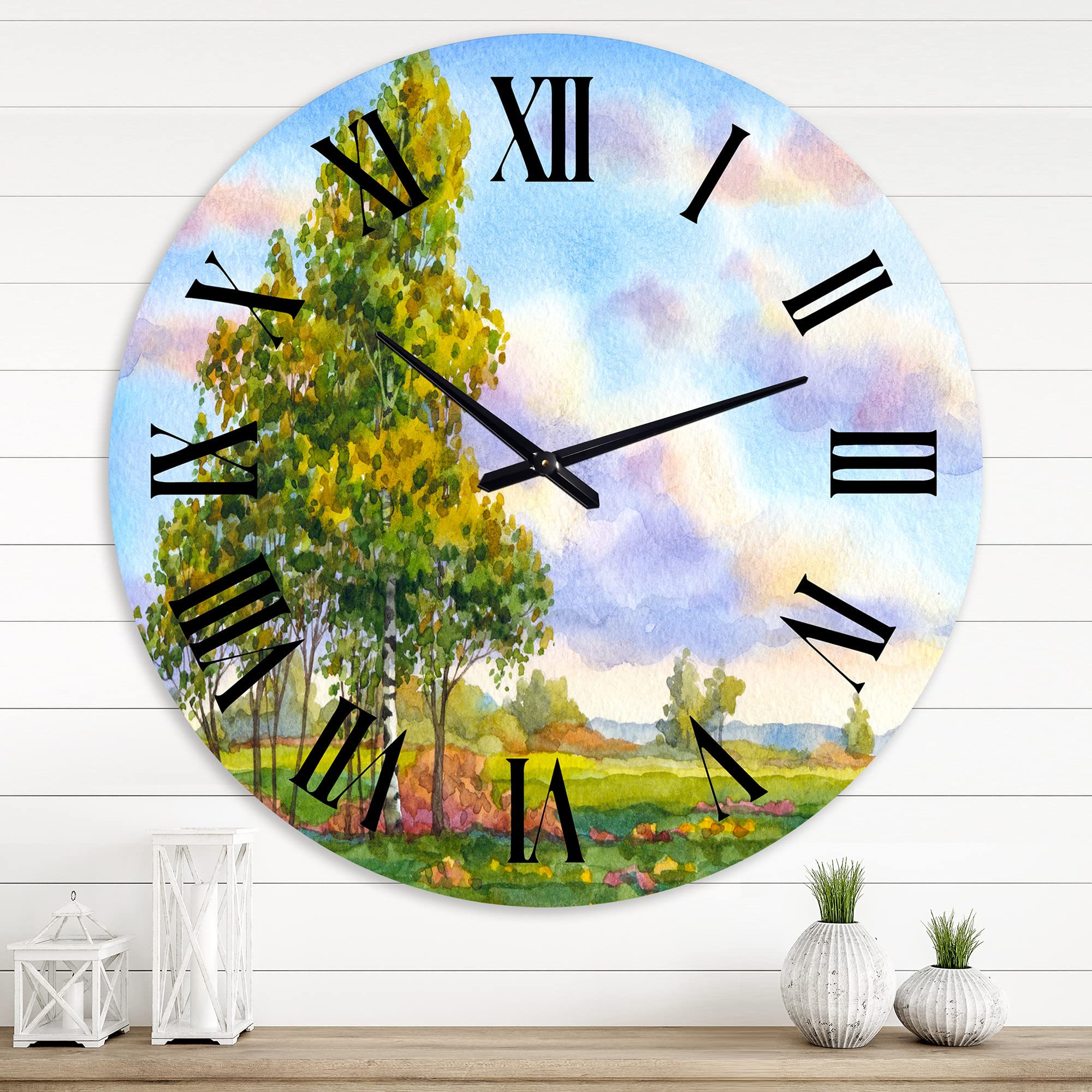 DesignQ Traditional Wall Clock - 'Landscape The Trees in The Evening Field' - Large Nature-Themed Wall Clock for Bedroom, Living Room & Office Decor - Perfect for Home, Office & Gift Giving