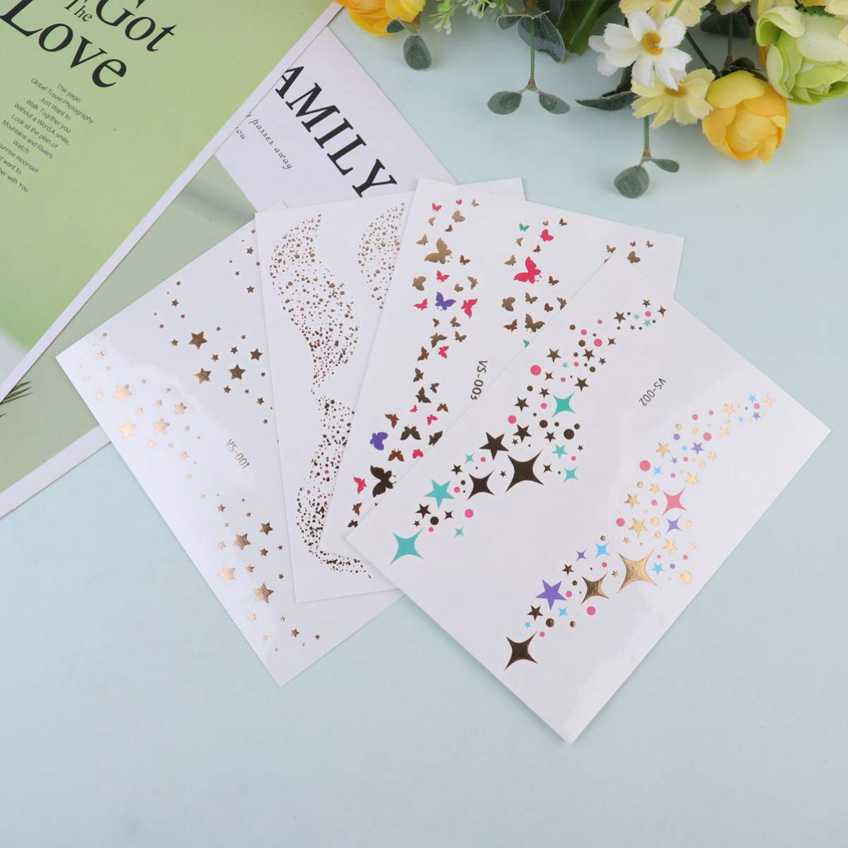 EXCLUZO 8Pcs Waterproof Metallic Temporary Tattoos - Face & Body Art Stickers for Hand, Neck, Wrist | Long Lasting Makeup Tattoos for Parties, Halloween & Festivals