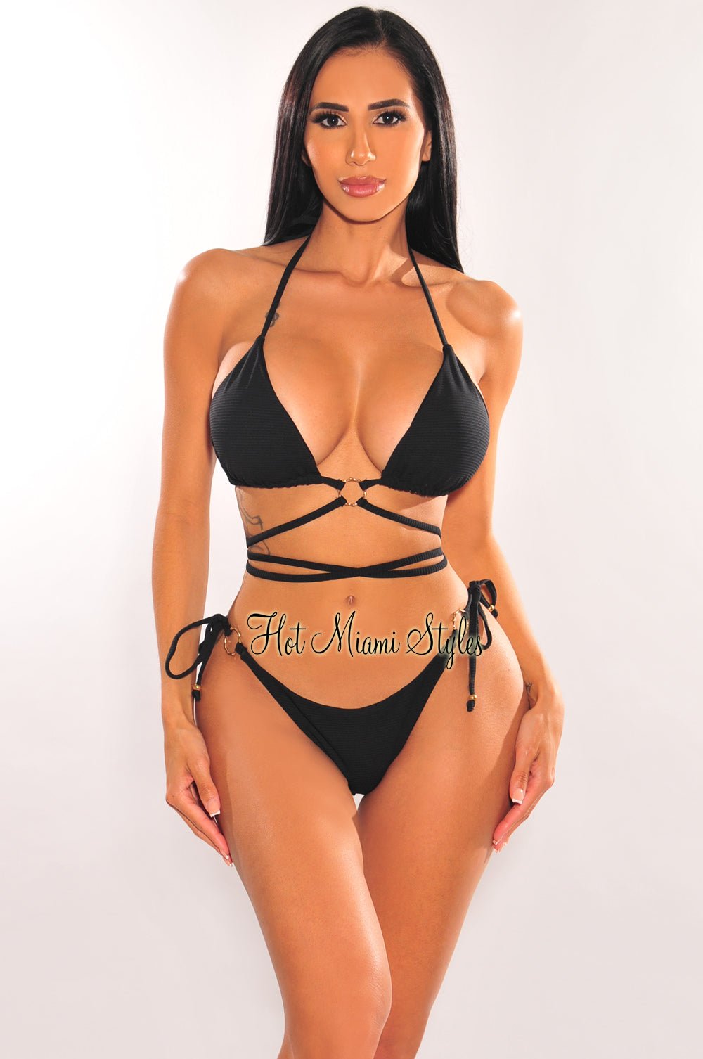 Black Ribbed Padded O-Ring Wrap Around Bikini Top - Sexy Push Up Swimwear for Women - Perfect for Beach Vacations & Pool Parties