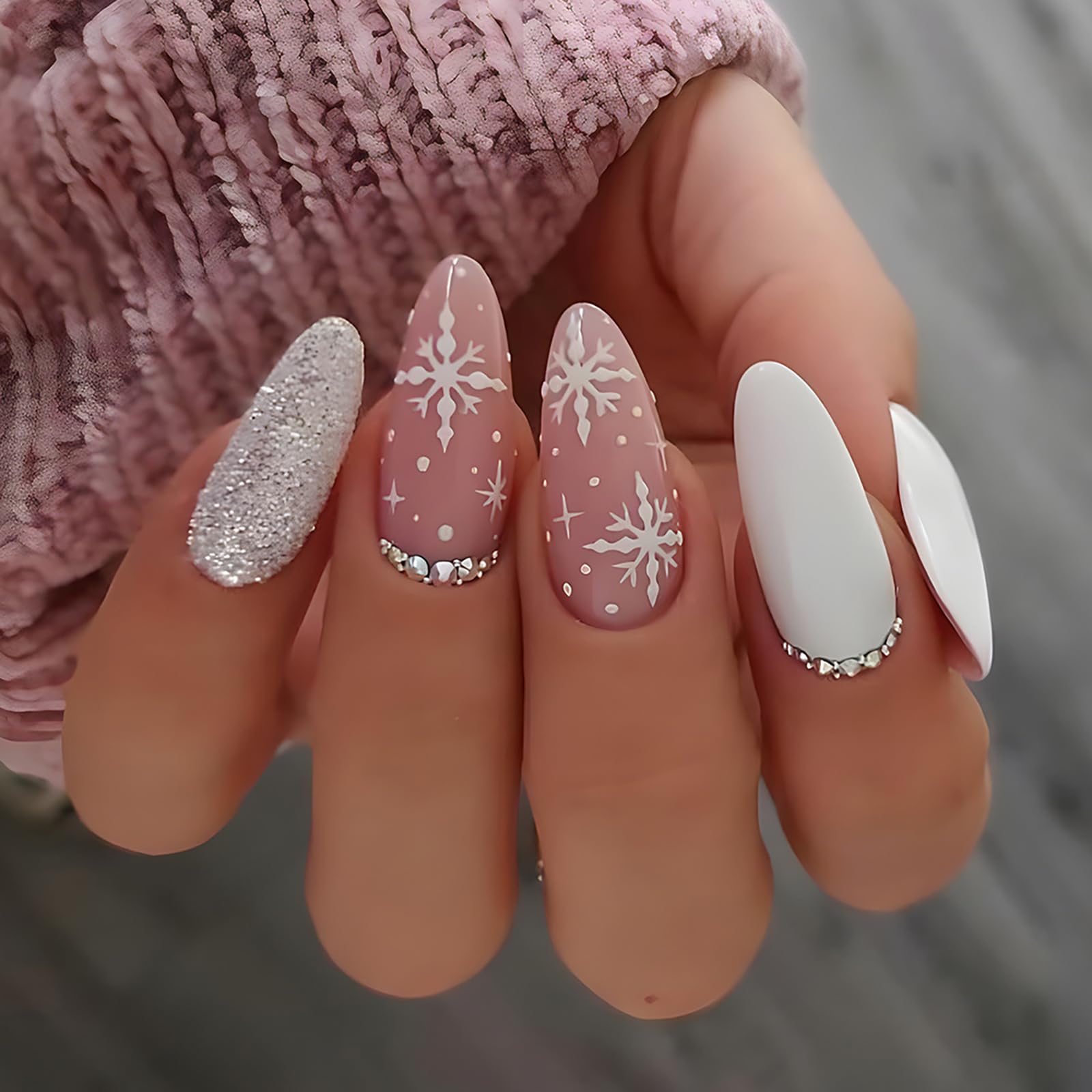 SWEKKE 24Pcs Medium Almond Press on Nails - Christmas Pink Full Cover Fake Nails with Rhinestones & Silver Glitter Designs | Glossy Artificial Nails for Women & Girls | Perfect for Holiday Parties, Gift Giving & Winter Nail Art