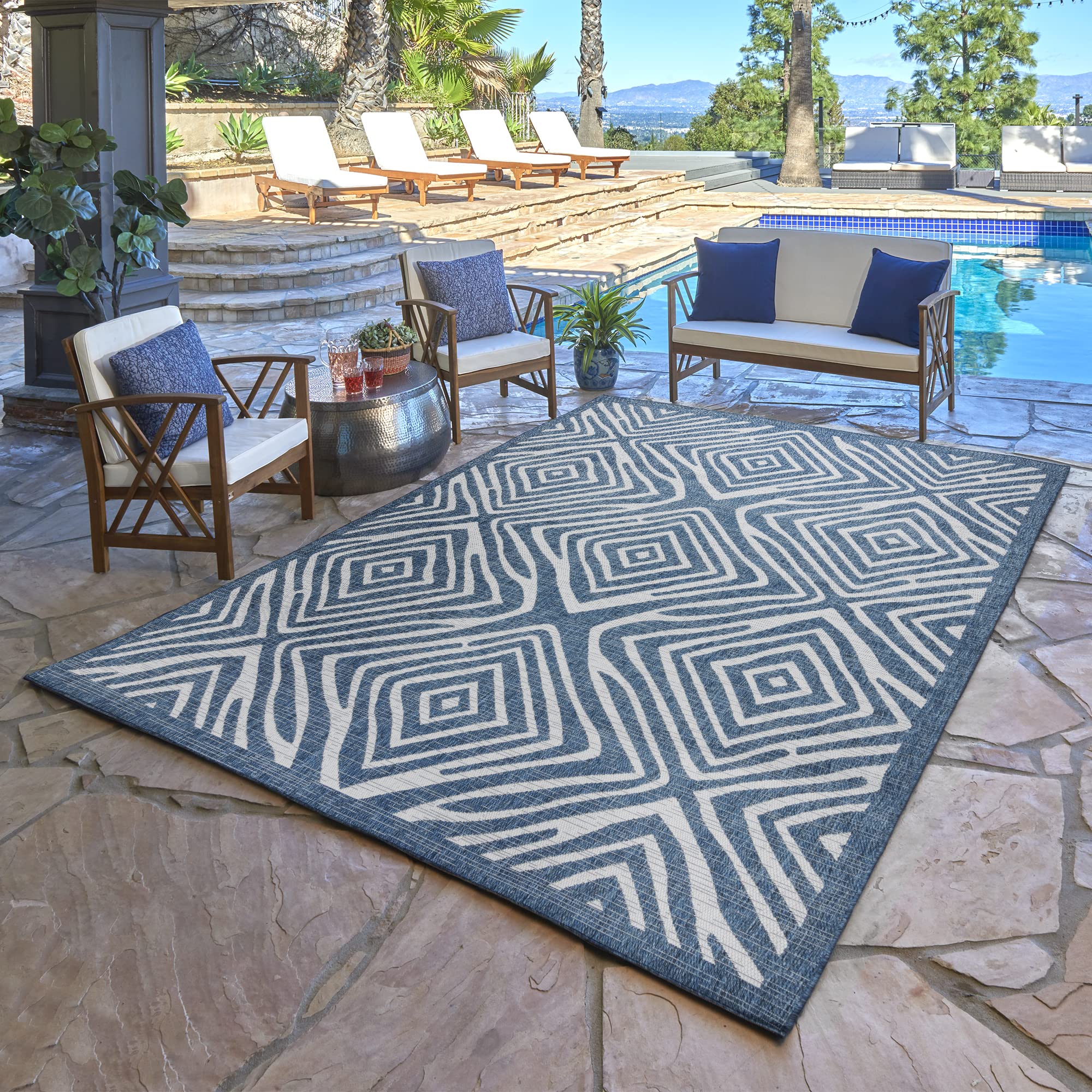 Gertmenian Indoor Outdoor Area Rug - Classic Flatweave Moroccan Design II - Stain & UV Resistant Carpet for Deck, Patio & Mudroom - 9x13 Extra Large Navy Blue Ivory Tribal Safari Rug (19496) - Perfect for Living Room, Bedroom, and Outdoor Spaces