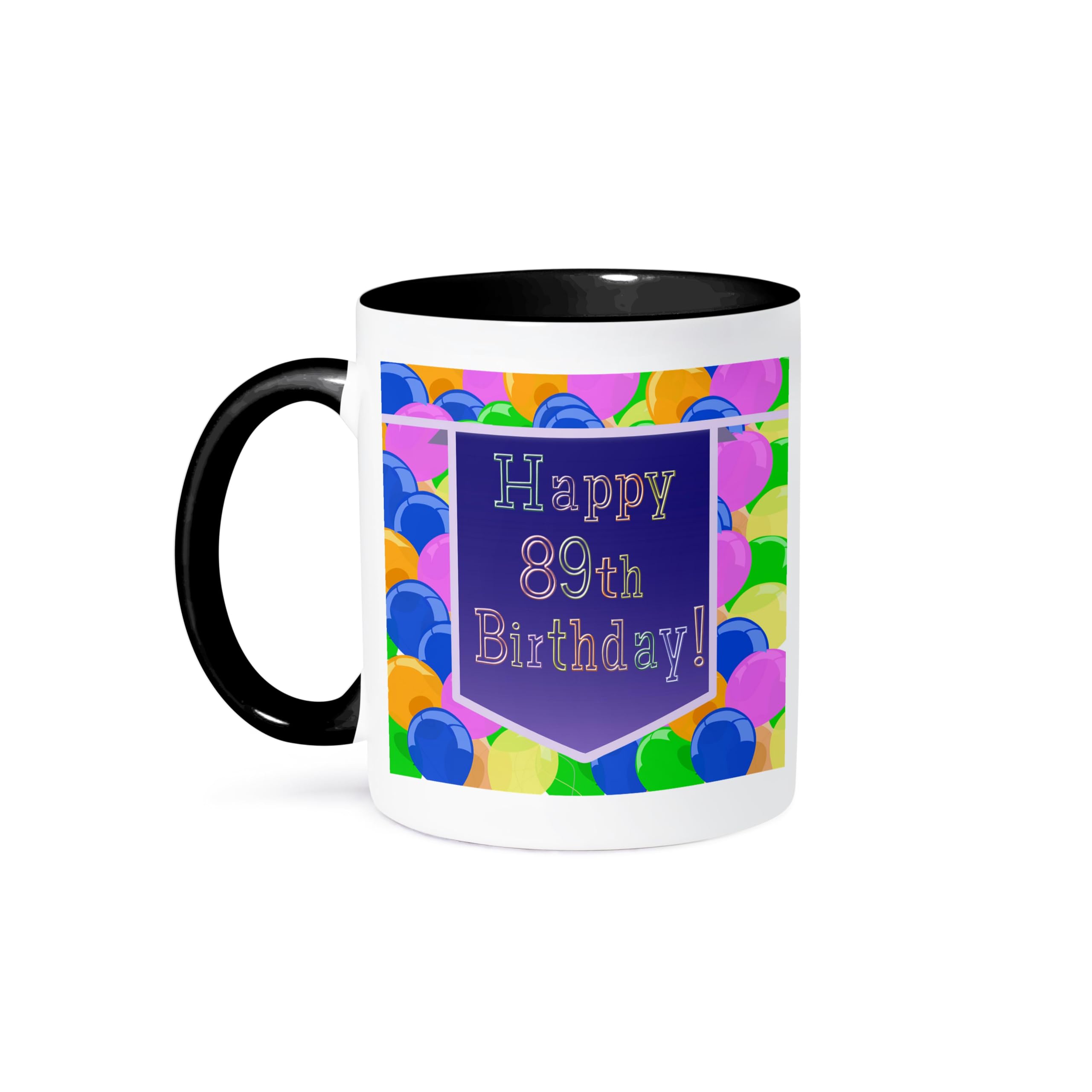 3D Rose Happy 89th Birthday Balloon Purple Banner Two-Tone Coffee Mug - 11 oz Black Ceramic Cup for Birthday Gifts, Office Use & Daily Coffee Drinking