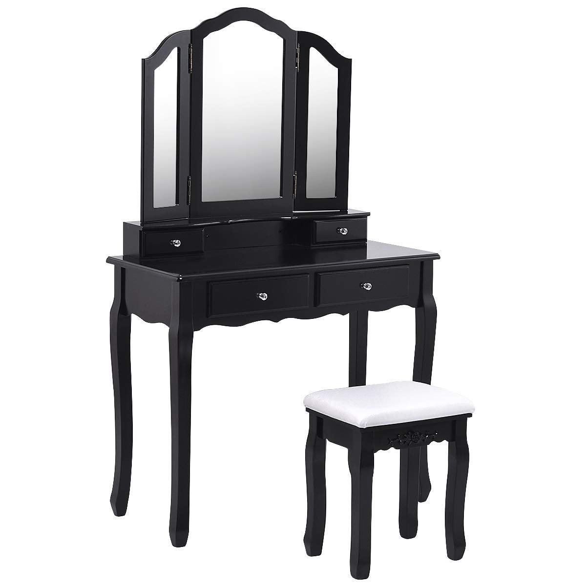 Casart Black Tri-Folding Mirror Bathroom Vanity Makeup Table with Stool Set - 4 Drawers Storage, Space Saving Dressing Table for Bedroom, Bathroom & Home Decor (Perfect for Makeup, Skincare & Jewelry Organization)