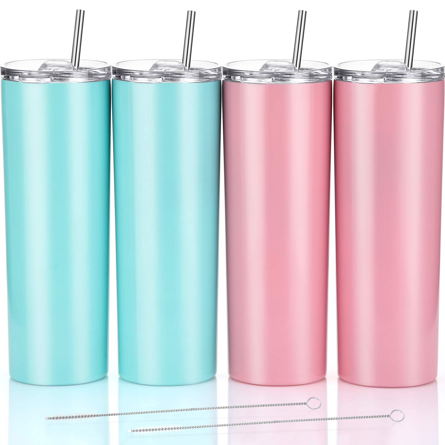 4-Pack Stainless Steel Tumbler with Lid & Straw - 20oz Vacuum Insulated Travel Mug for Office, Gym, Camping (Aqua Blue/Pink)
