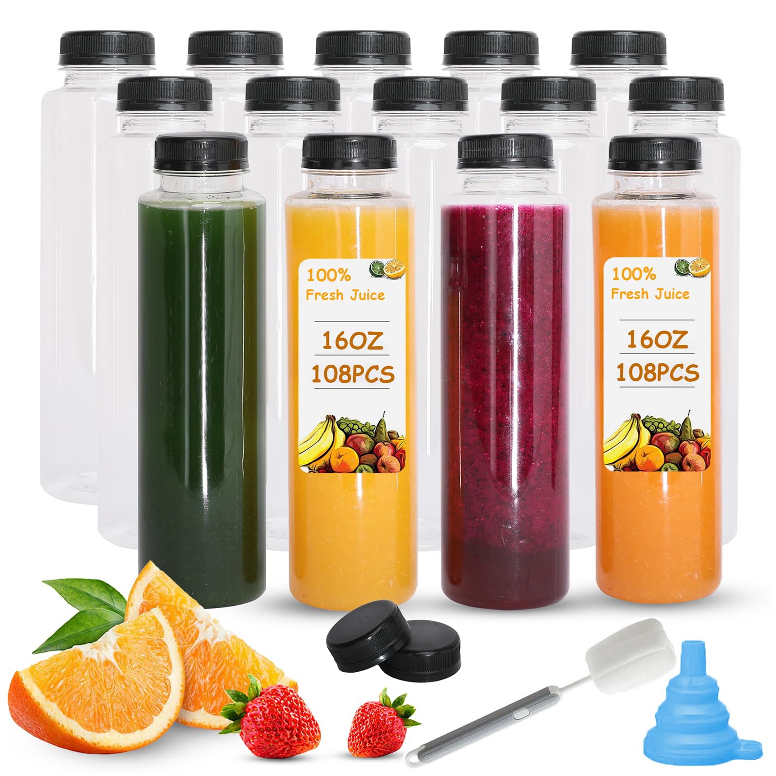 Holotap 108 Pcs 16 OZ Disposable Juice Bottles with Black Tamper Evident Lids - Bulk Empty Plastic Bottles for Juicing, Protein Shakes, Smoothies & Beverages | Perfect for Juice Bars, Meal Prep & Home Brewing