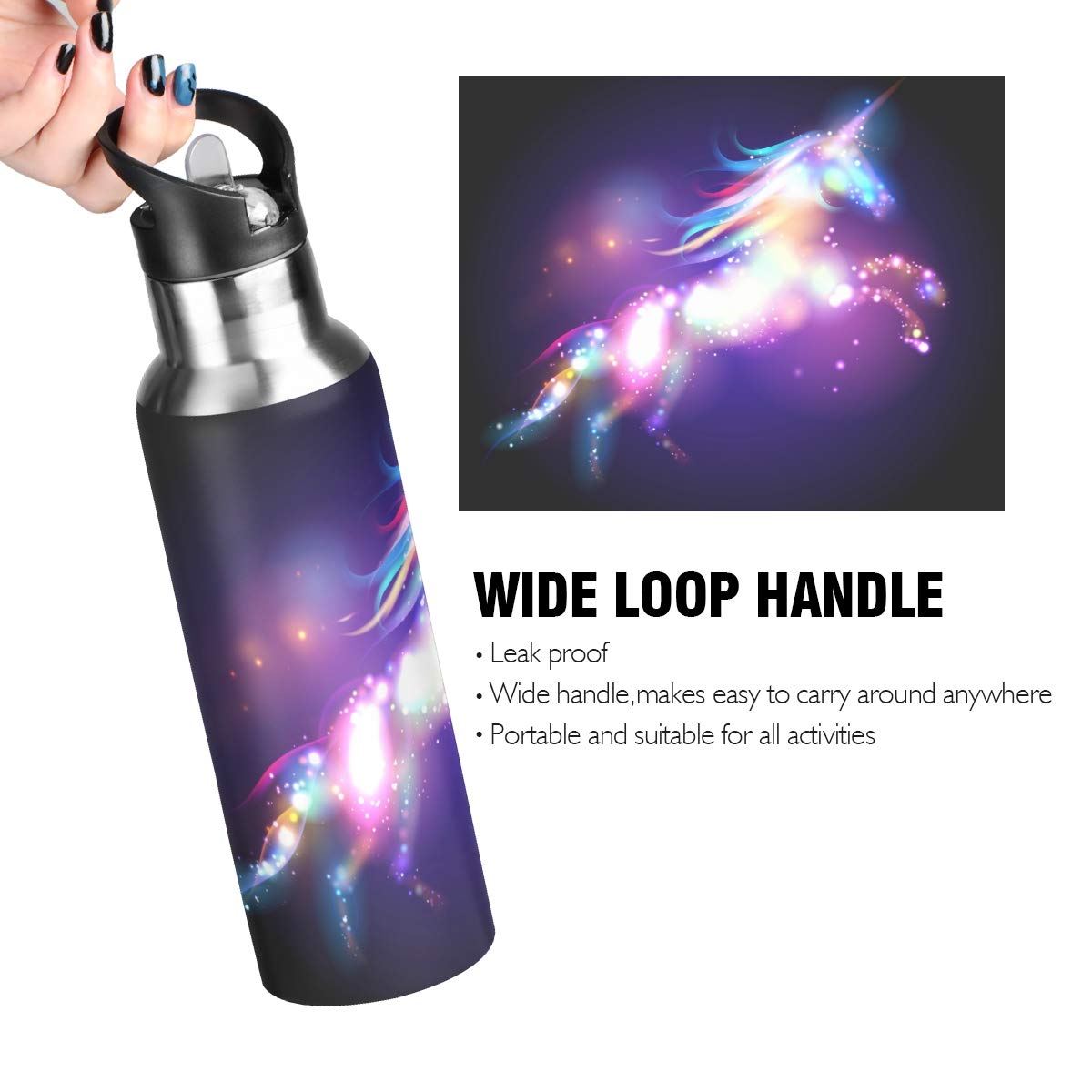 Qilmy 20 oz Stainless Steel Vacuum Insulated Water Bottle with Straw Lid - Leakproof Thermo Flask for Gym, Hiking & School - Unicorn Design Sport Bottle for Kids & Adults