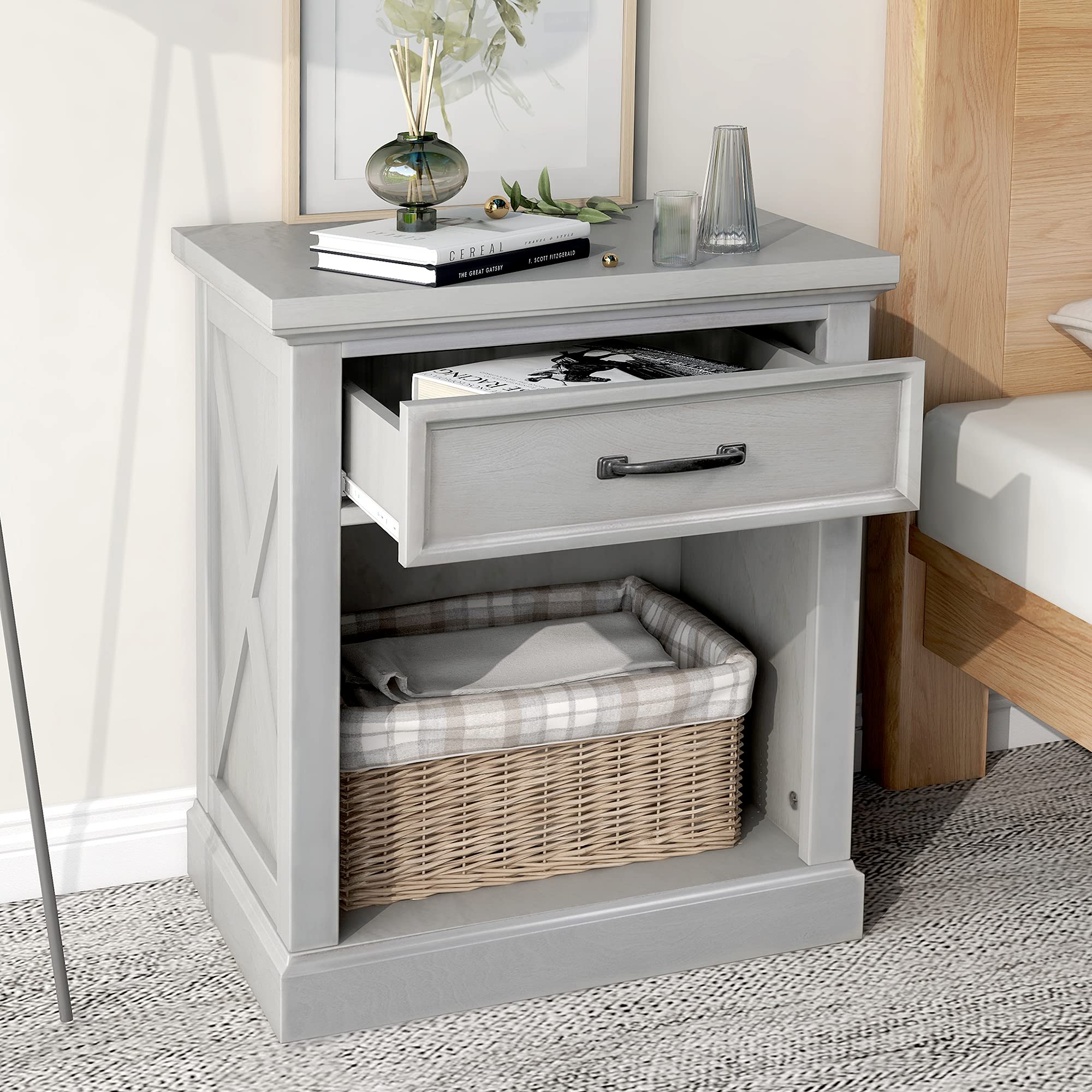 Mid Century Modern Nightstand with Drawer & Shelf - Wooden Bedside End Table for Bedroom Storage | Grey Finish | Perfect for Small Spaces, Apartments & Guest Rooms