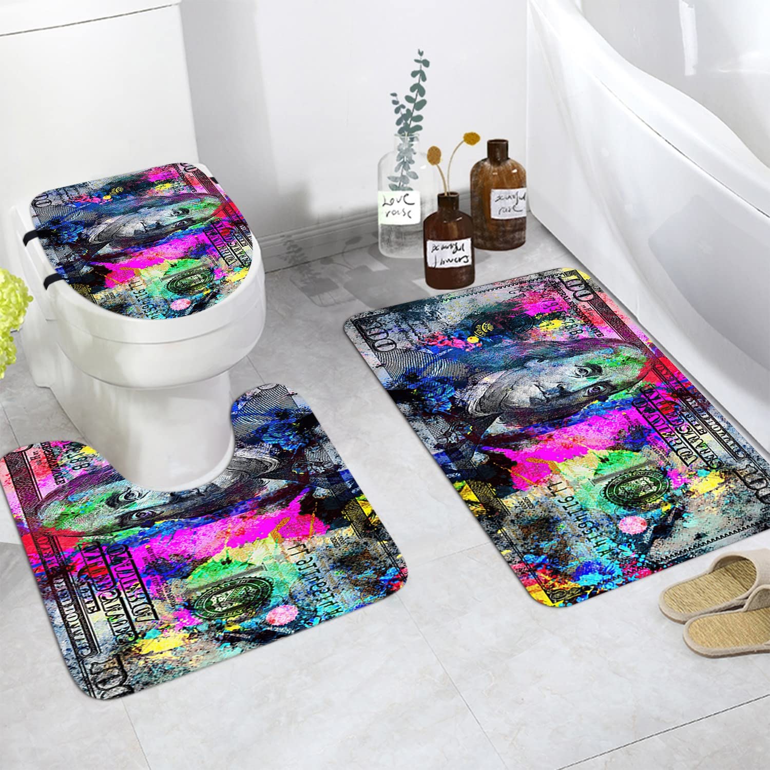 GUBIYU 3-Piece Flannel Bathroom Rug Set - Soft Non-Slip Absorbent Bath Mat with Backing Pad, Contour Rug & Toilet Lid Cover - Rainbow Design for Men's Room Decor - Perfect for Bathroom, Shower & Vanity Areas