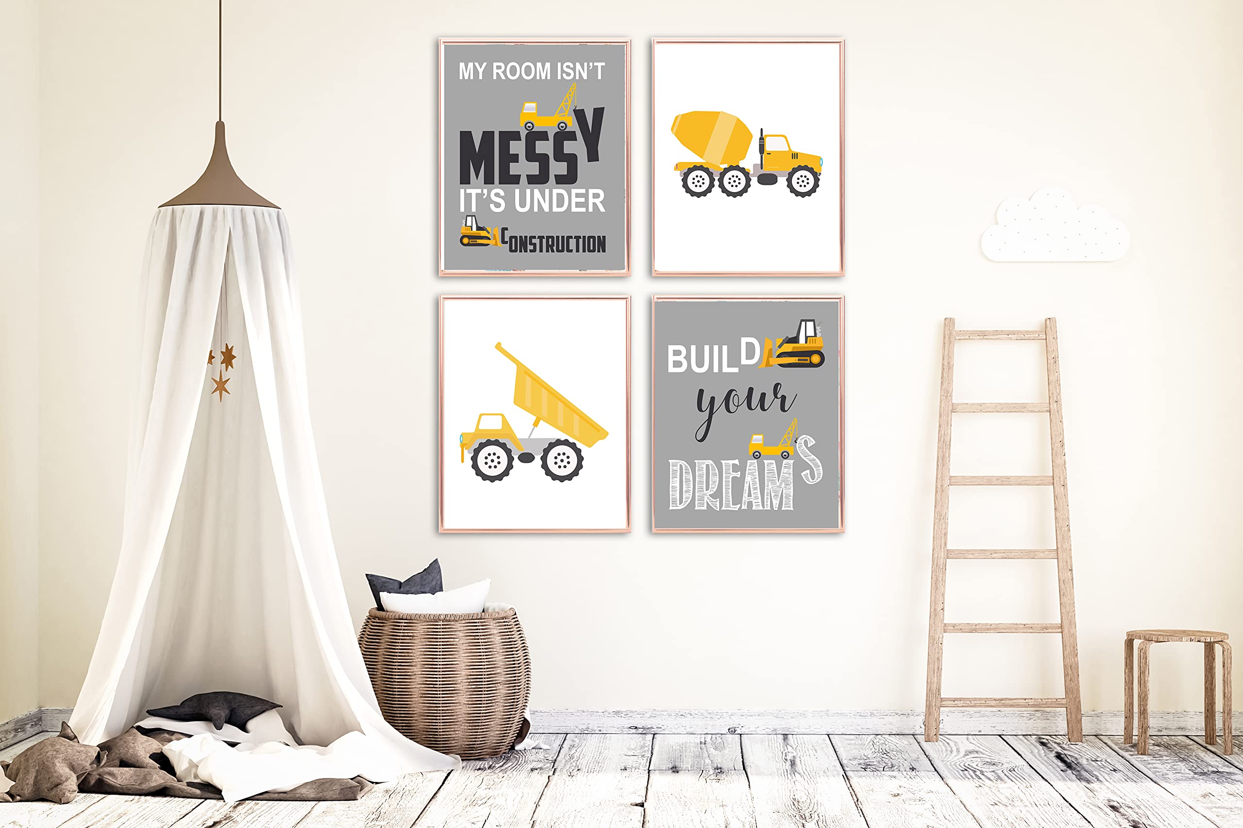 Grey Construction Truck Themed Art Prints - Set of 4 Frameless Wall Decor Posters | Silly Goose Gifts for Kids Room, Nursery, or Playroom Decoration