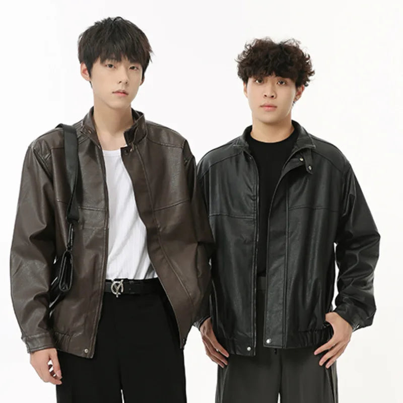 Men's PU Leather Jacket - American Style Casual Stand Collar Zipper Coat | Solid Color Loose Fit Male Outerwear | Perfect for Streetwear, Night Out & Fall Fashion