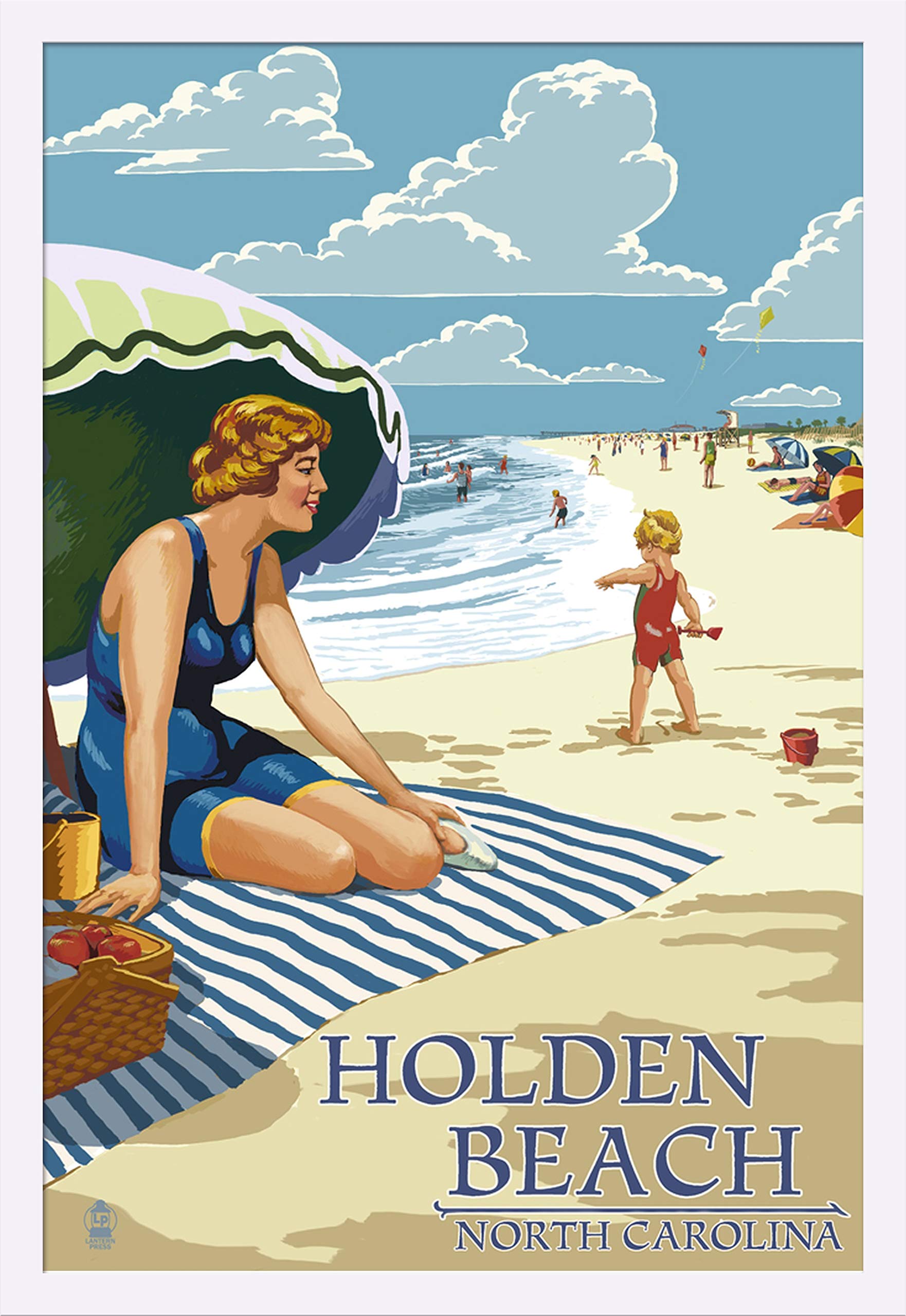 Holden Beach North Carolina Woman on Beach 45023 - 24x36 Giclee Art Print Gallery Framed in White Wood - Coastal Wall Decor for Living Room, Bedroom or Office