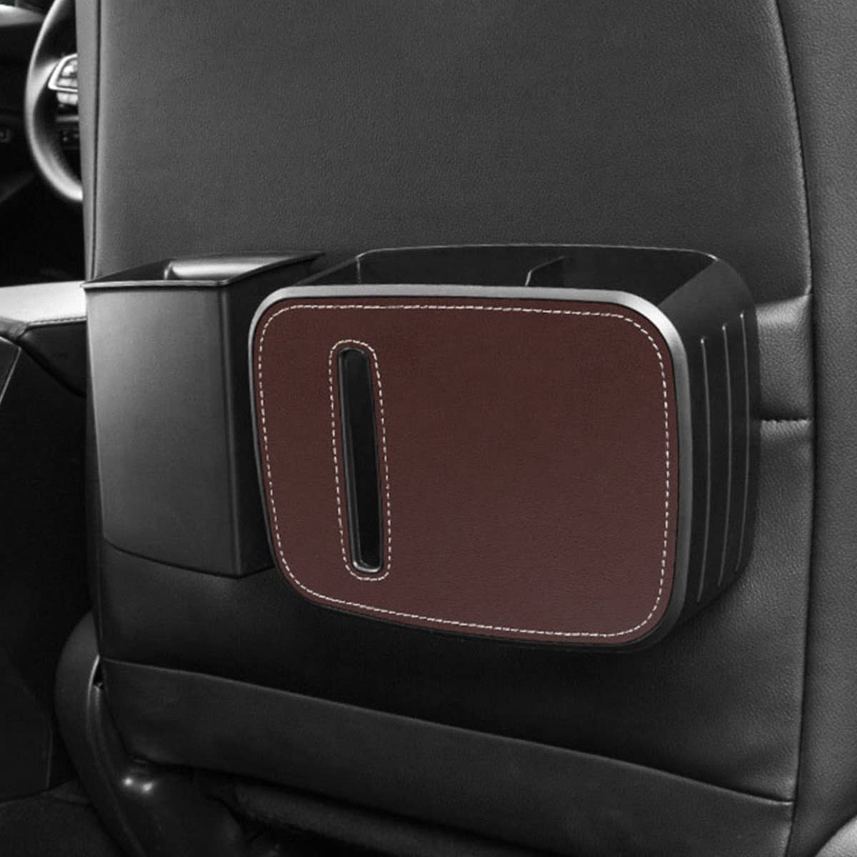 3 in 1 Detachable Car Seat Back Storage Organizer - Multifunctional PU Leather Auto Accessory with Trash Bin, Tissue Box & Cup Holder | Perfect for Road Trips, Family Travel & Daily Commute (Brown)