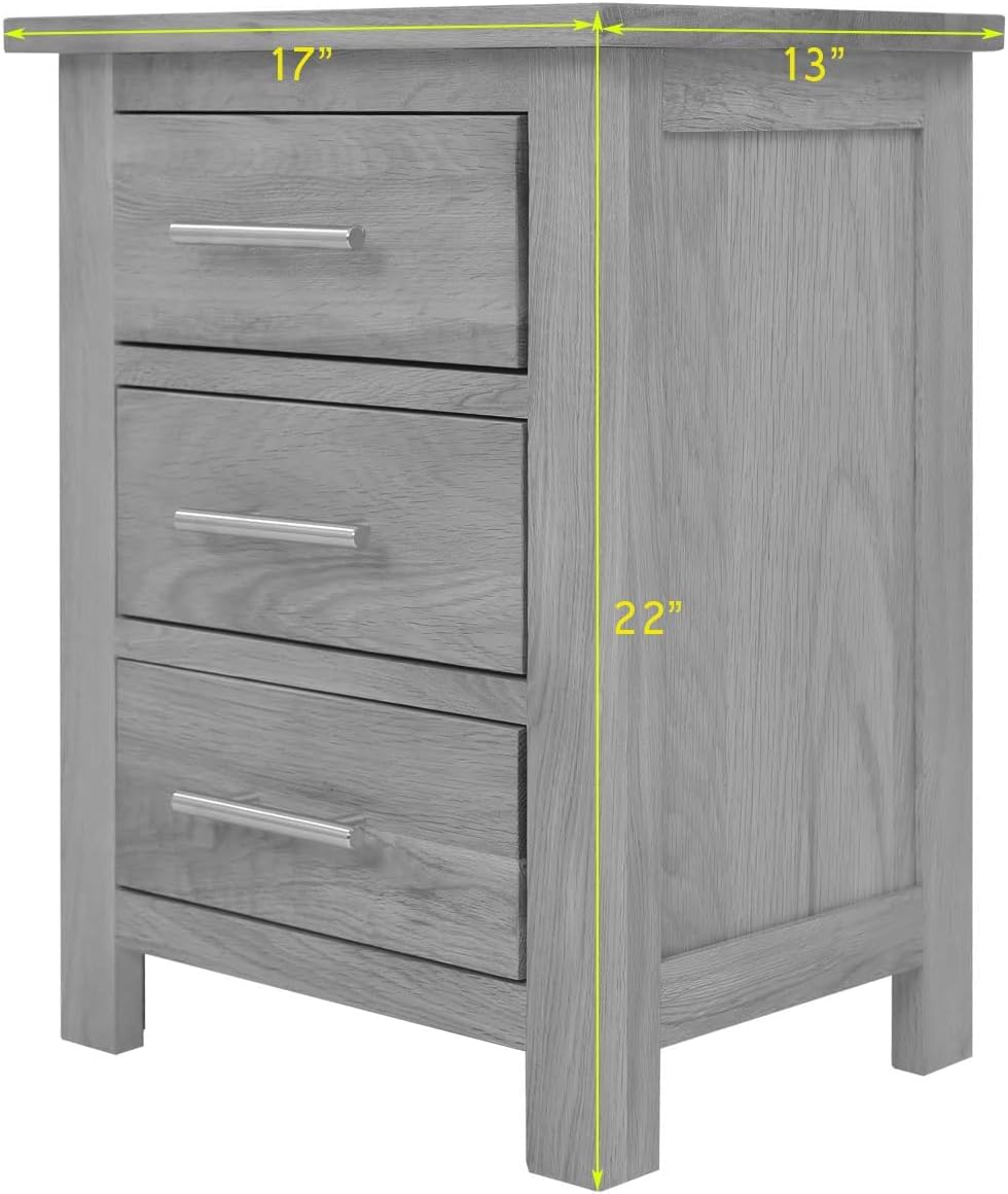 Oak Nightstand with 3 Drawers - Solid Wood Bedside Table, 42