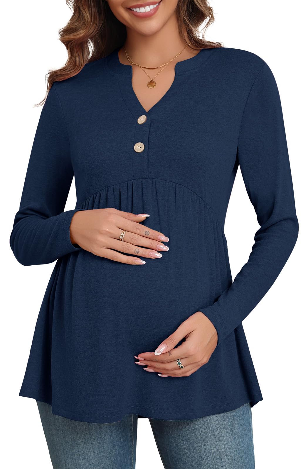 Xpenyo Women's Maternity Tops - Long Sleeve V-Neck Pregnancy Blouses & Tunics for Fall 2024 - Comfortable Button-Up Dressy Shirts for Work, Casual Wear & Baby Showers
