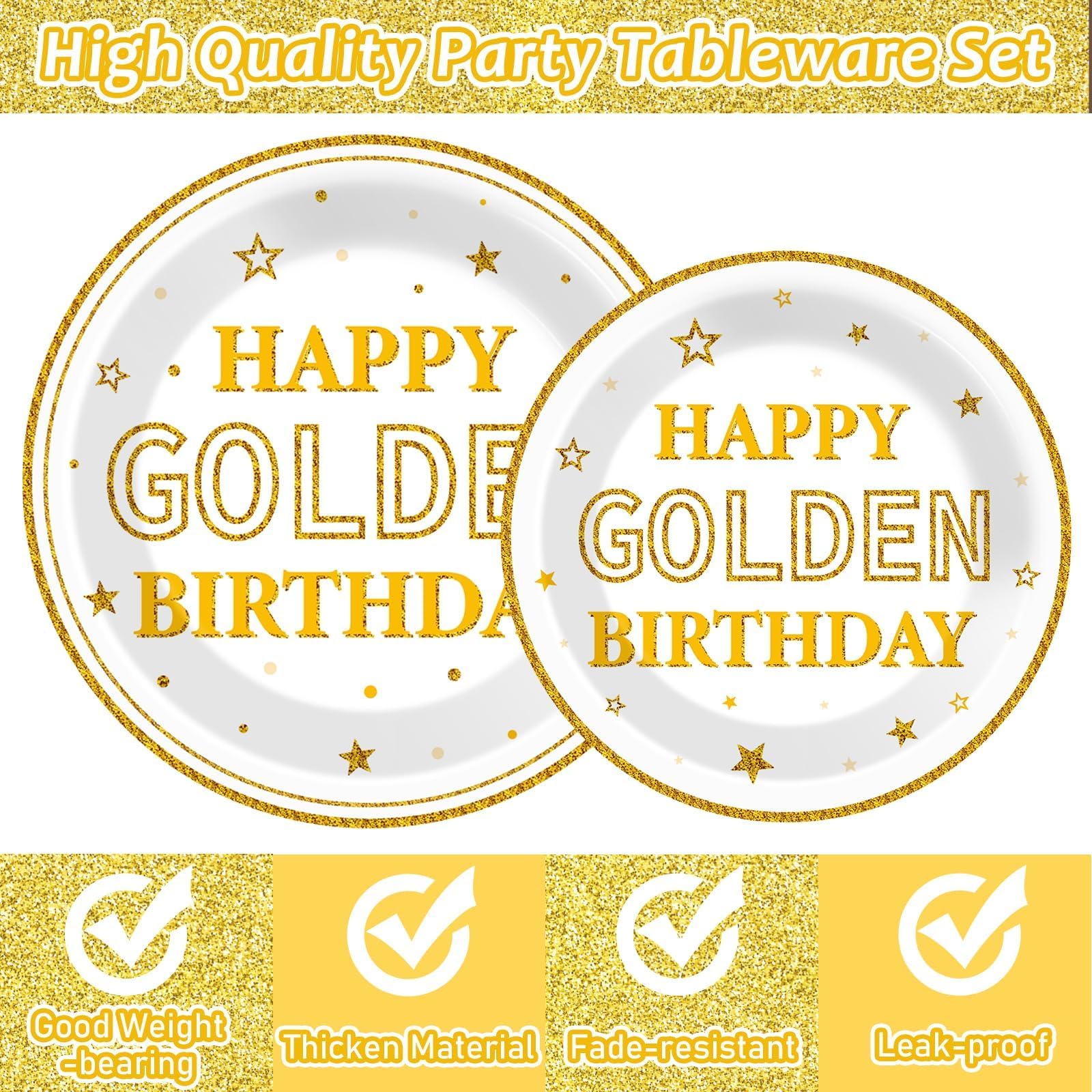 96Pcs White & Gold Glitter Birthday Party Supplies Set - Includes Paper Plates, Napkins & Dessert Tableware for Women & Men - Perfect for Golden Birthday Celebrations, Anniversaries & Special Events (Serves 24)